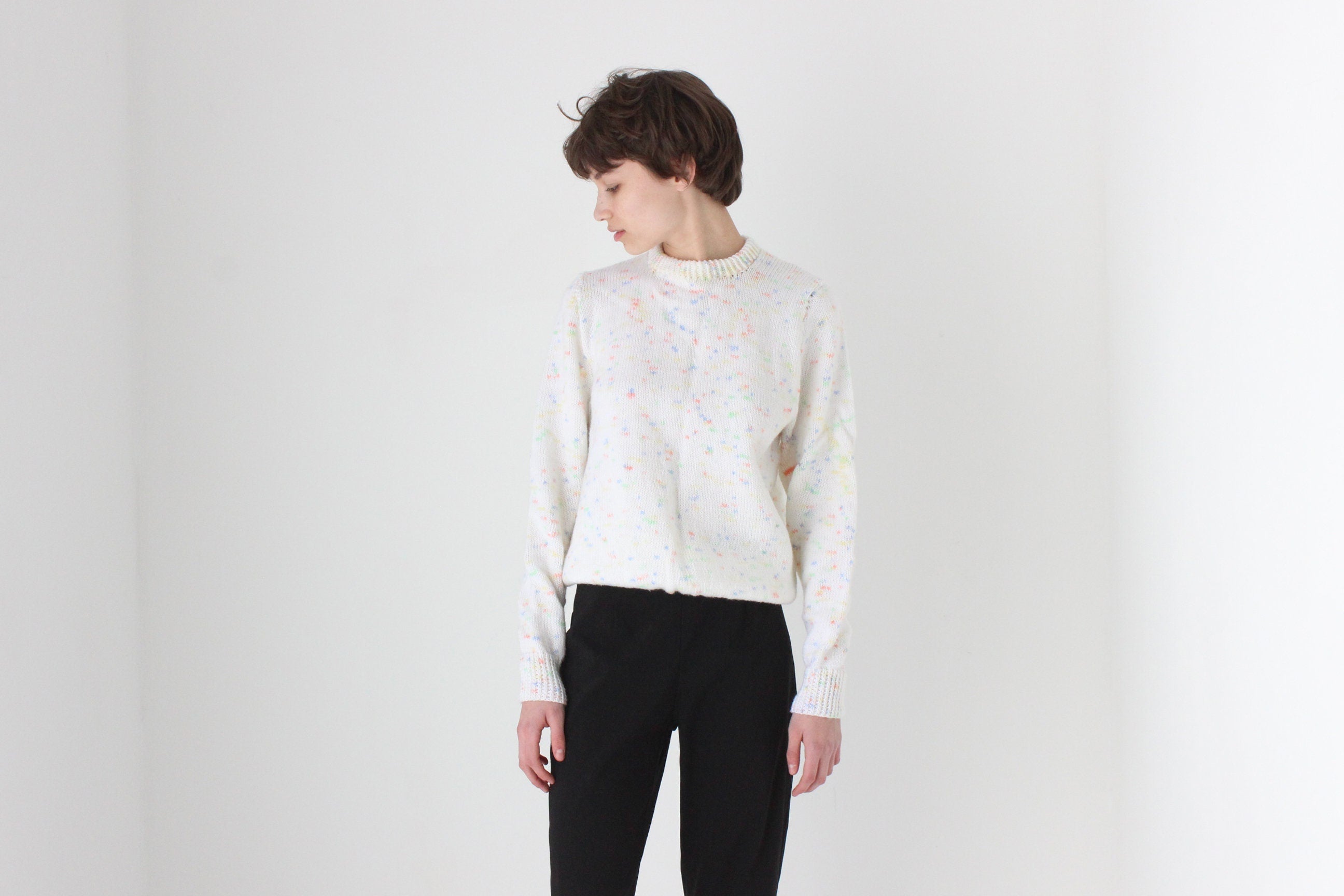 80s Hand Knit White 'Confetti' Speckle Sweater