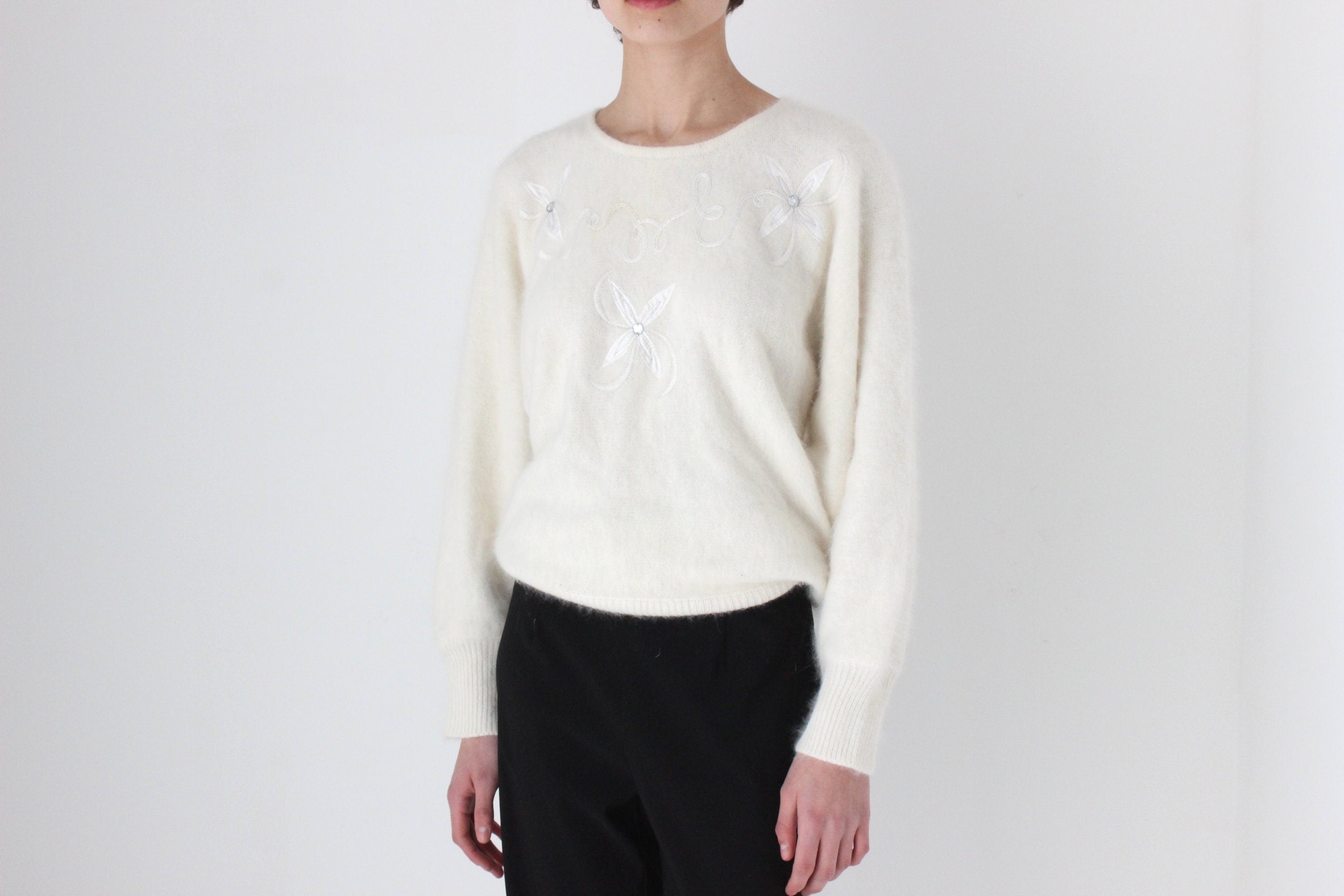 80s Cream Angora Slouch Batwing Sweater