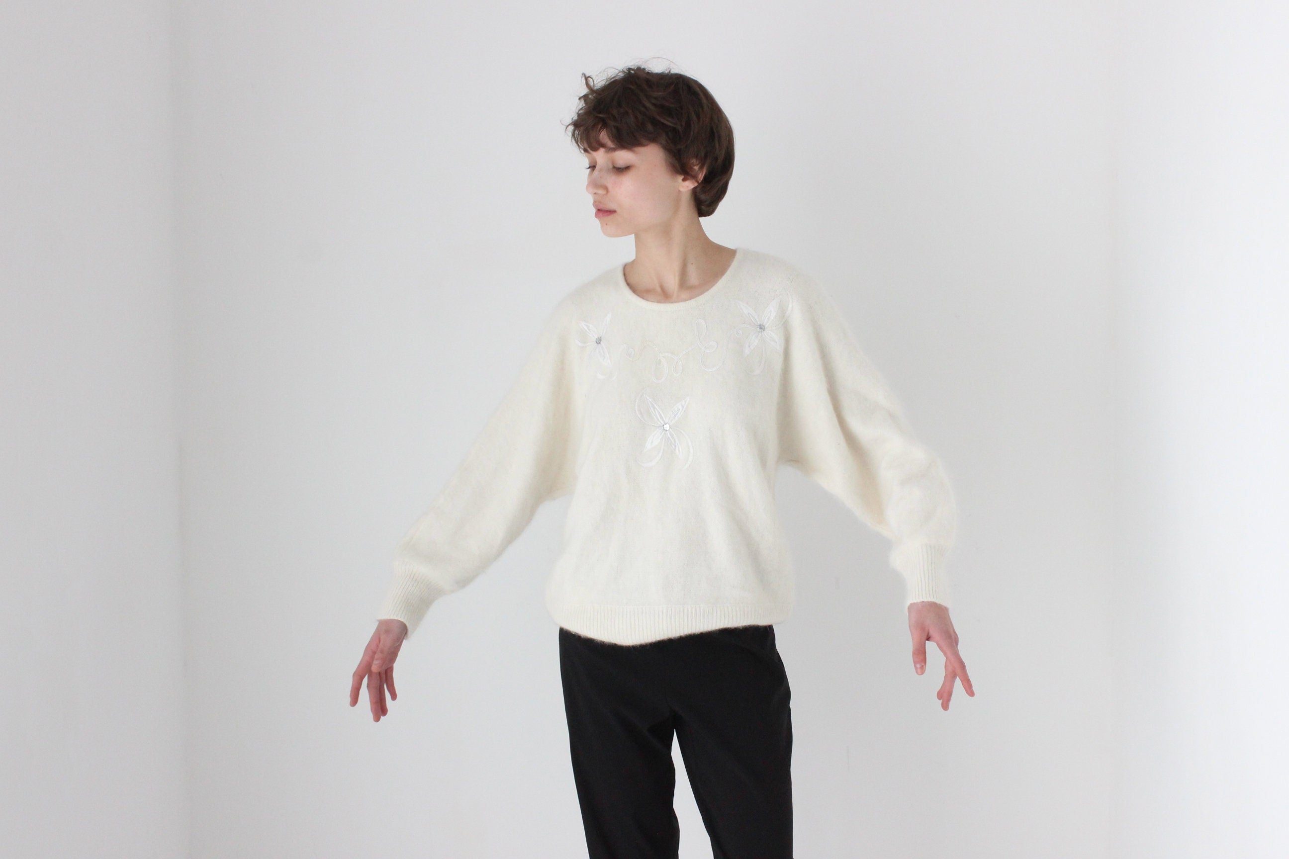 80s Cream Angora Slouch Batwing Sweater