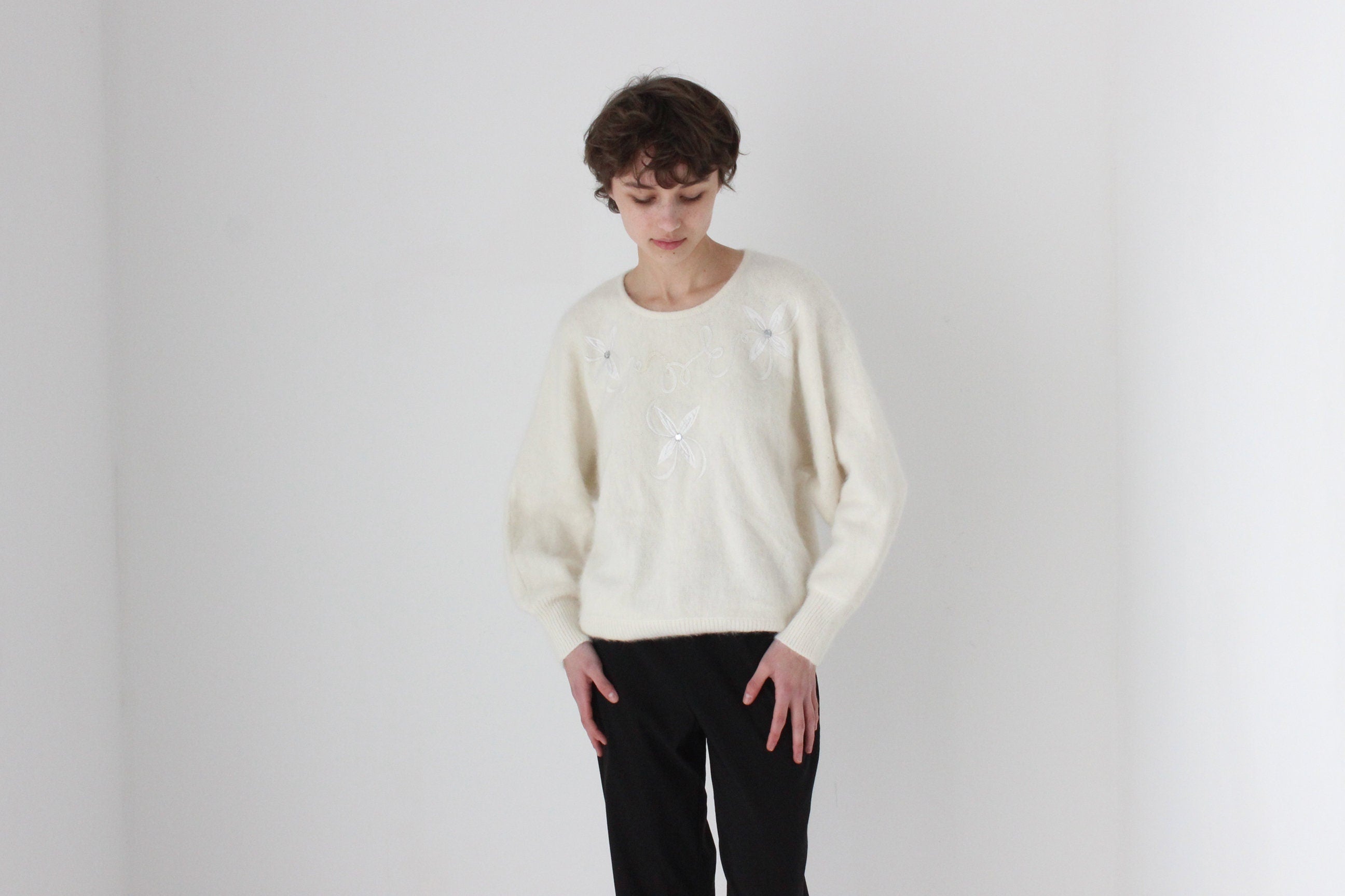 80s Cream Angora Slouch Batwing Sweater