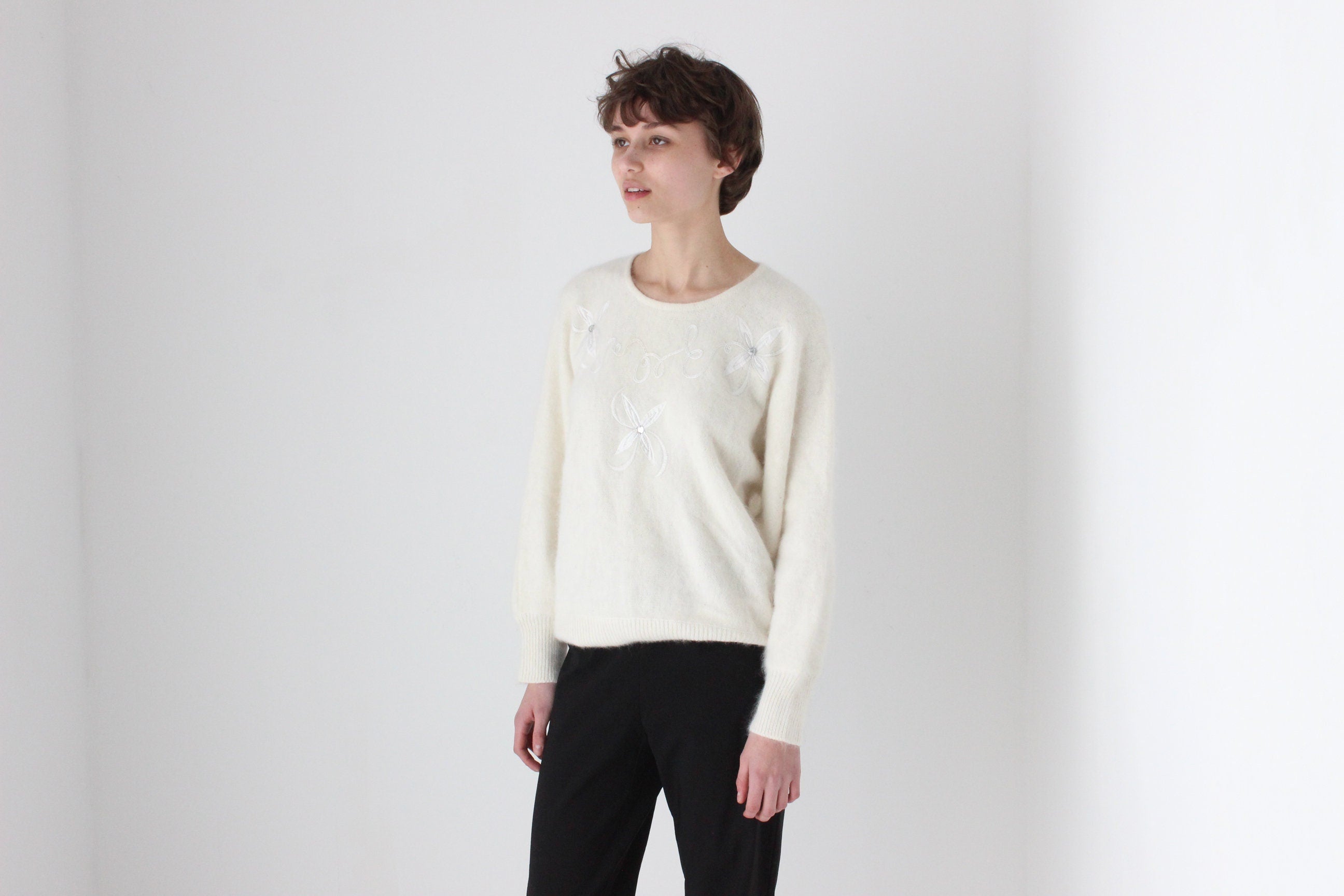 80s Cream Angora Slouch Batwing Sweater