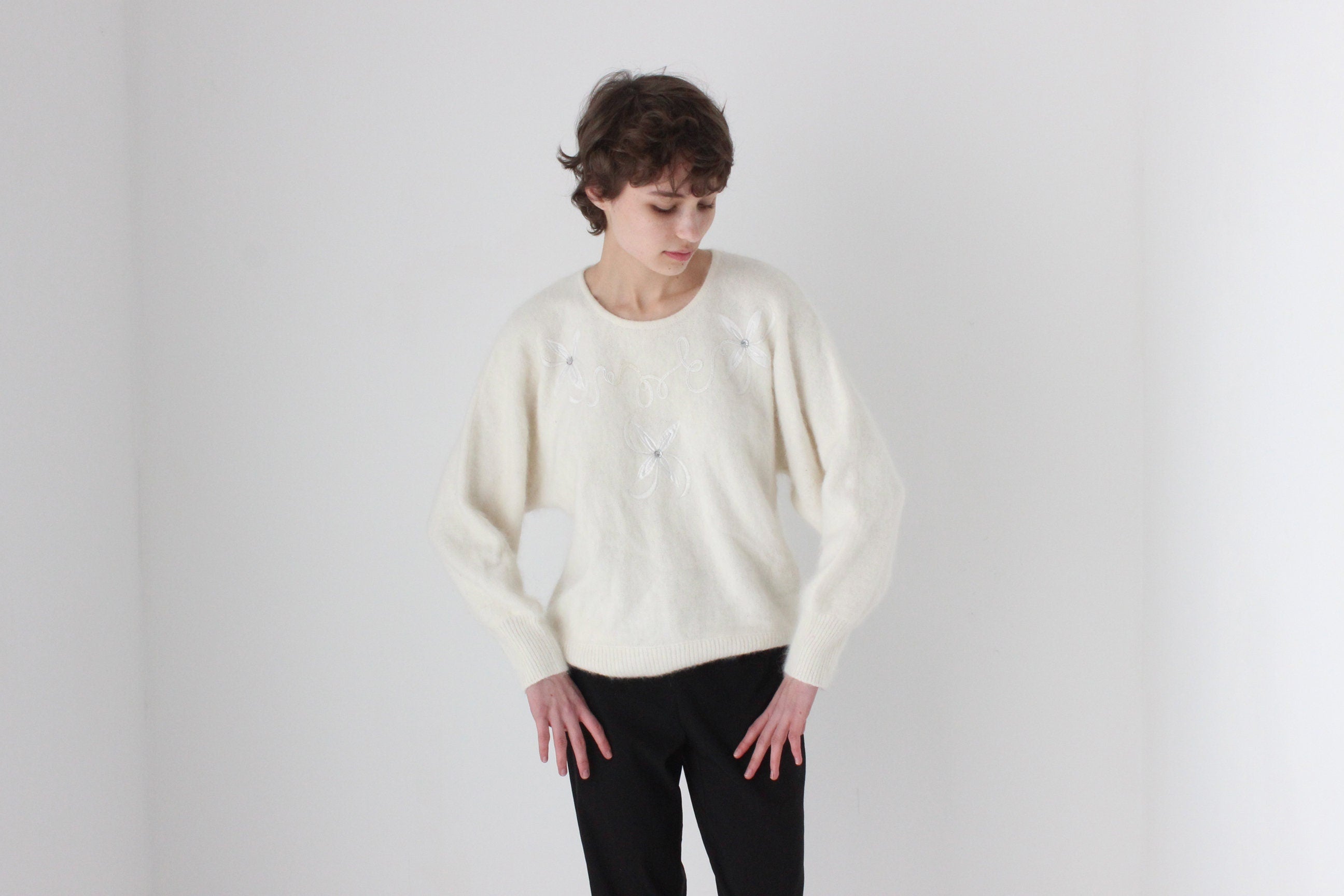 80s Cream Angora Slouch Batwing Sweater