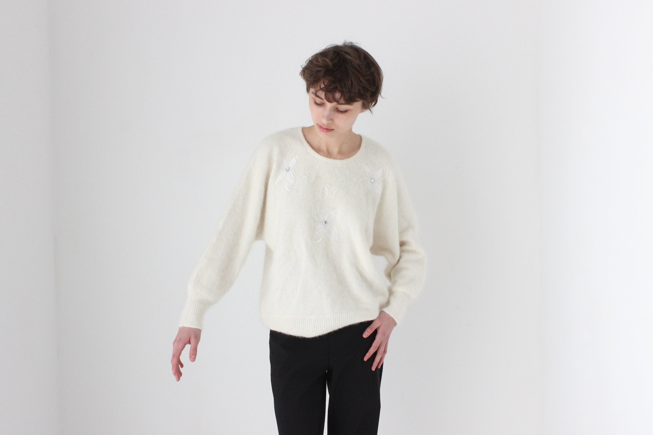 80s Cream Angora Slouch Batwing Sweater