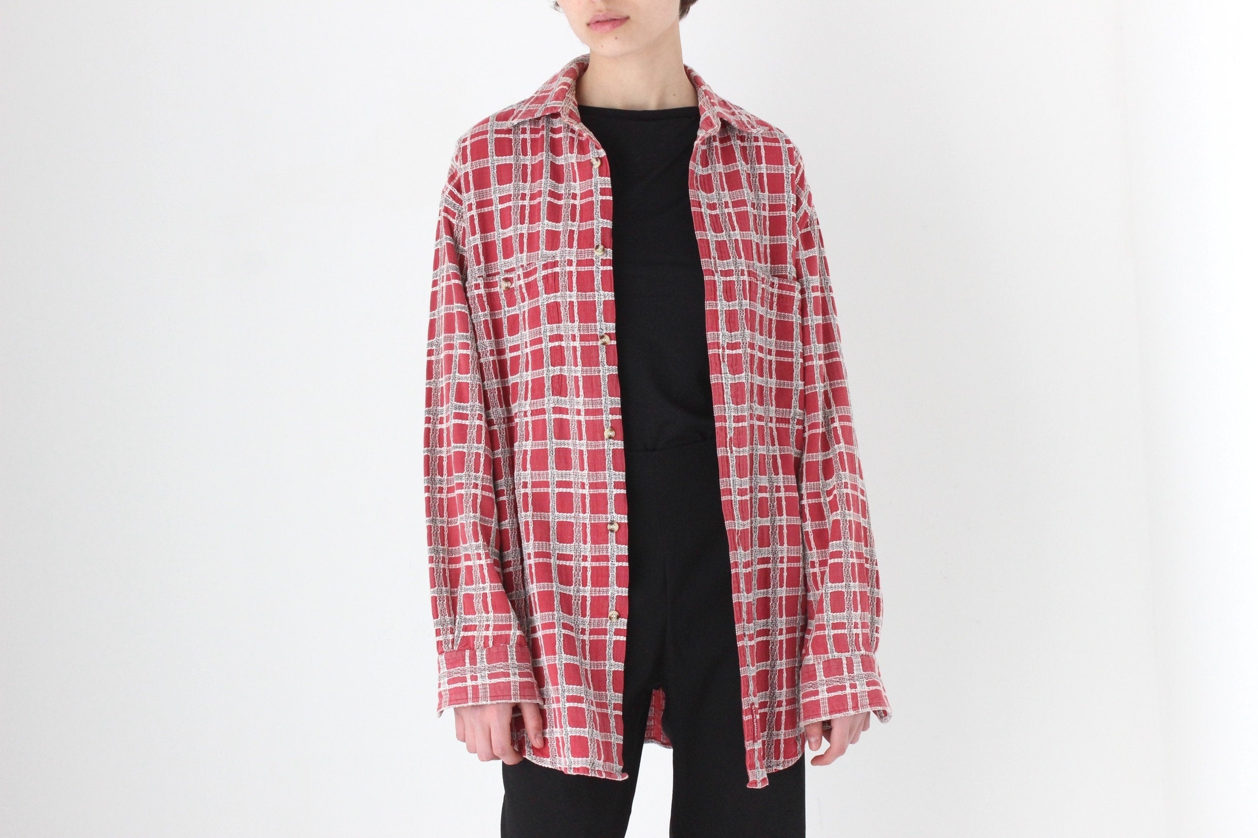 90s Woven Cotton Checked Oversized Shirt