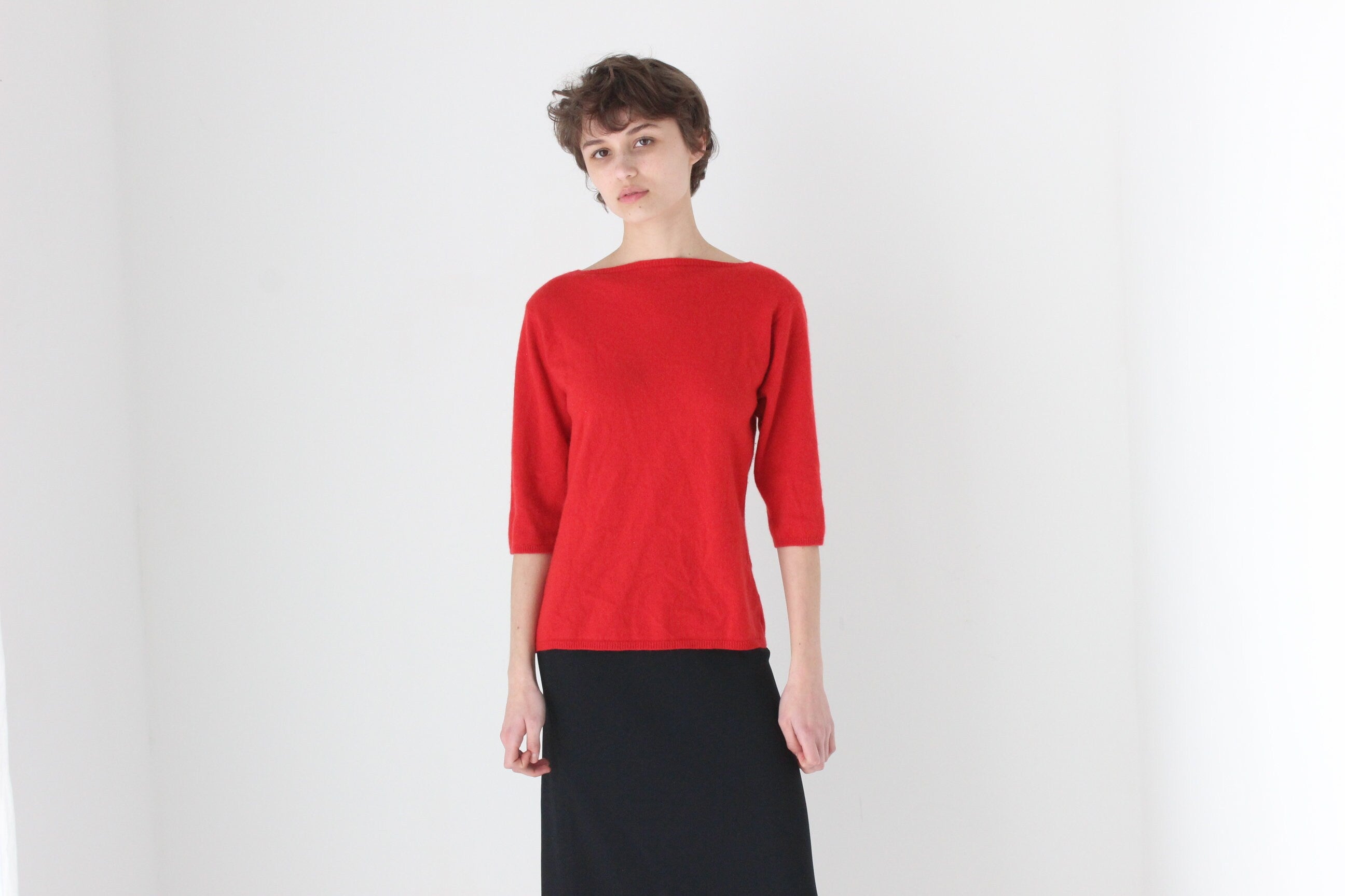 90s Bateau Neck Three-Quarter Sleeve Sweater Top