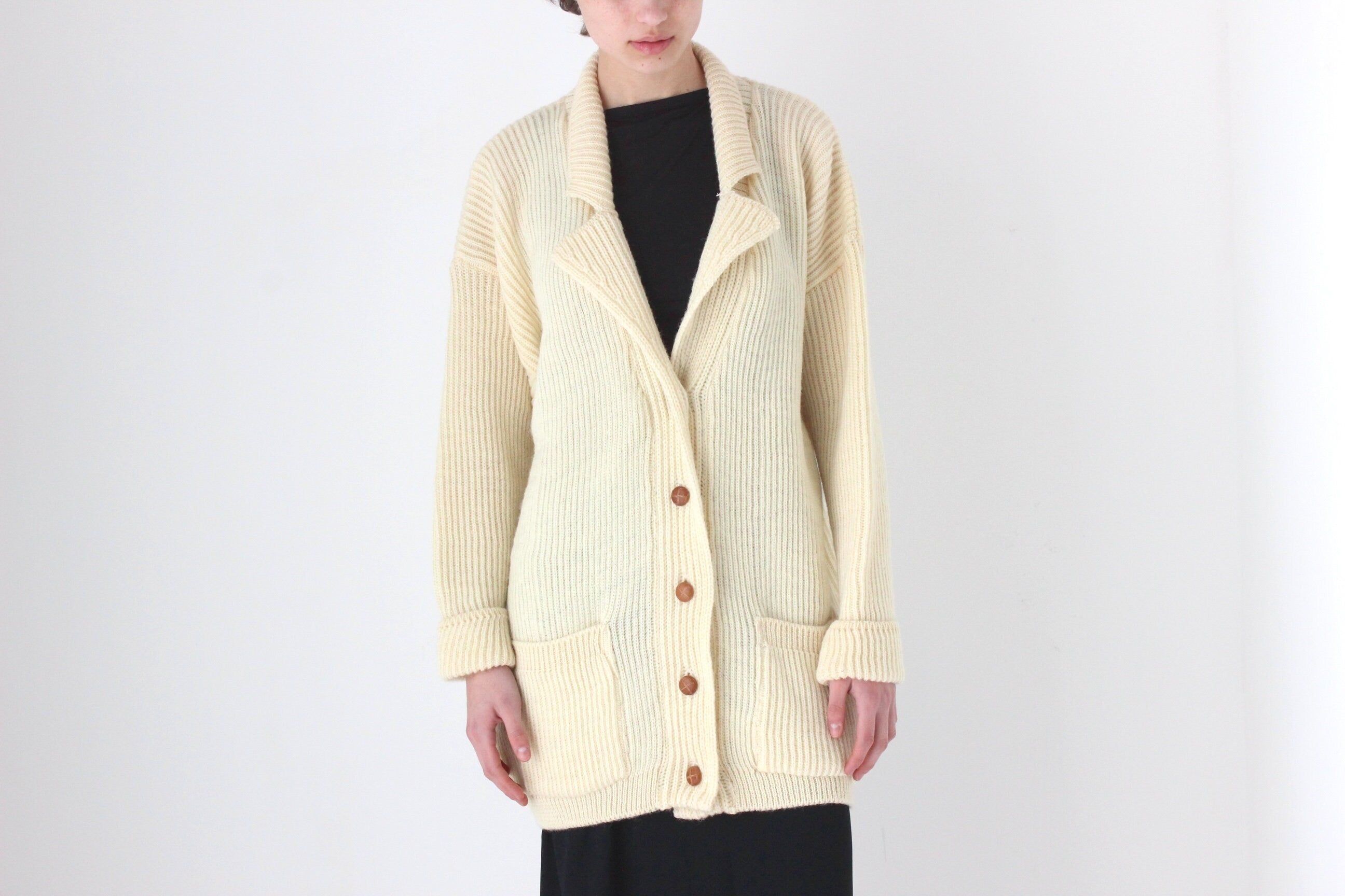 80s Cream Pure Wool Oversized Cardigan