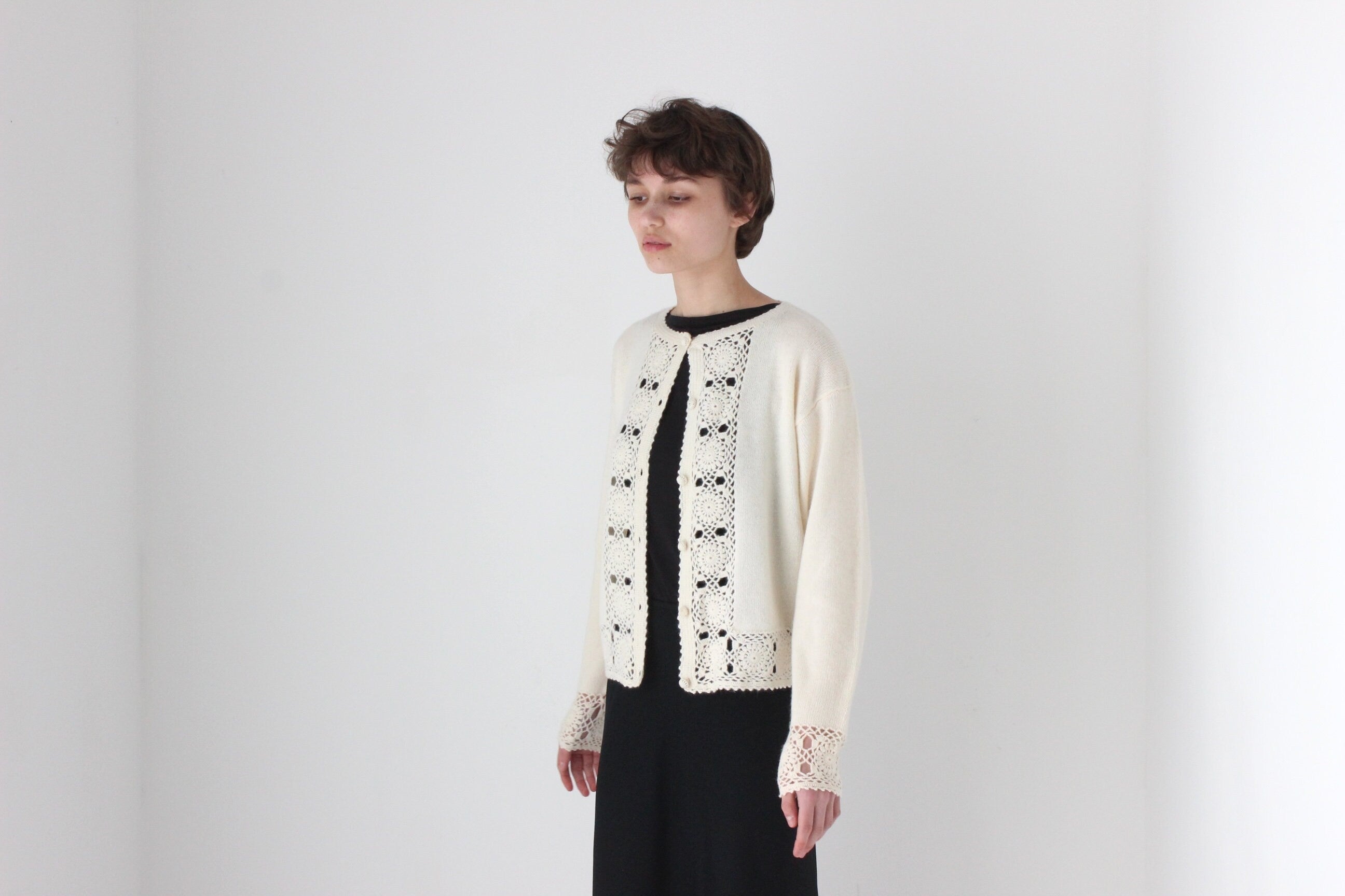90s Lambswool & Angora Cardigan w/ Doily Crochet Trim
