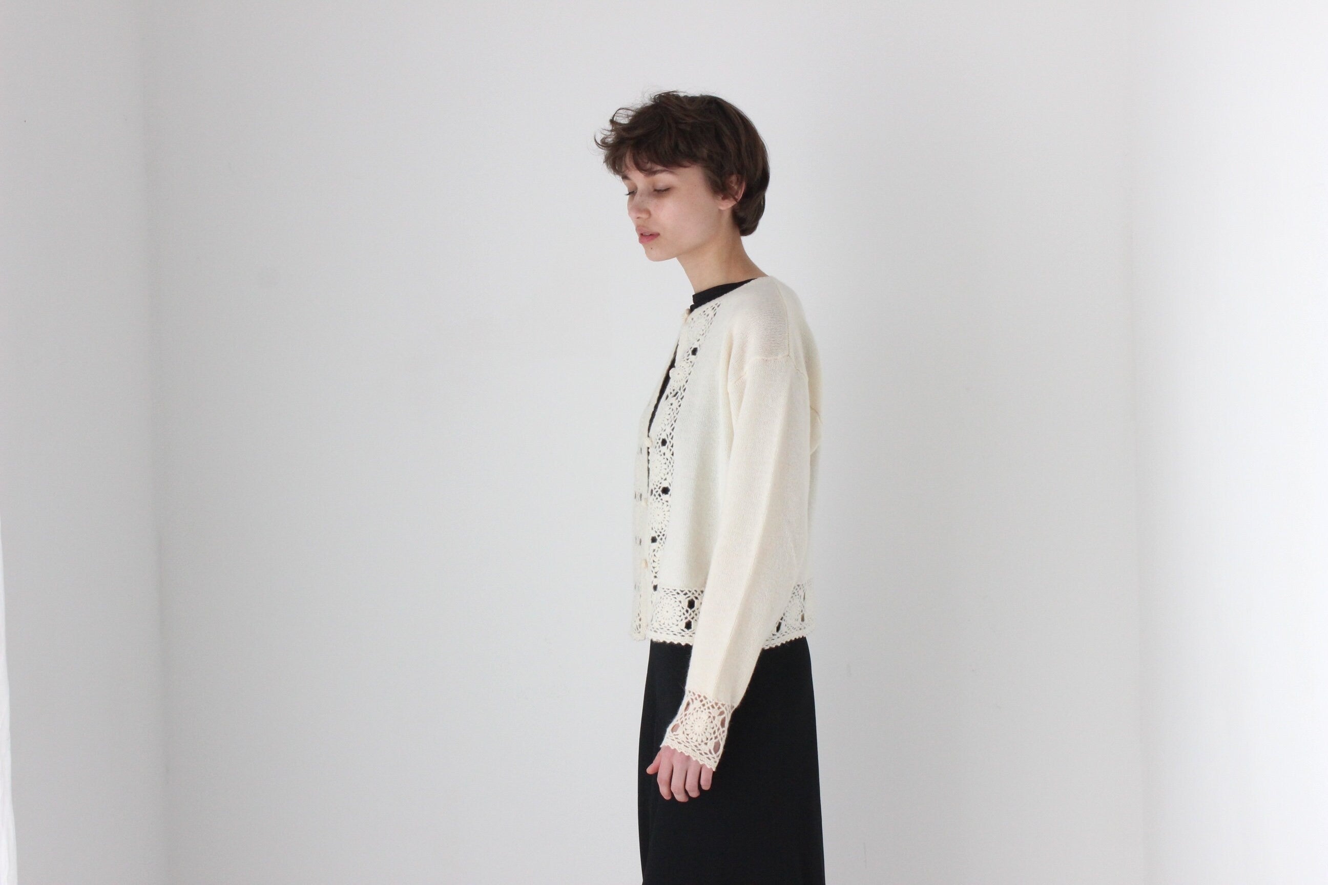 90s Lambswool & Angora Cardigan w/ Doily Crochet Trim