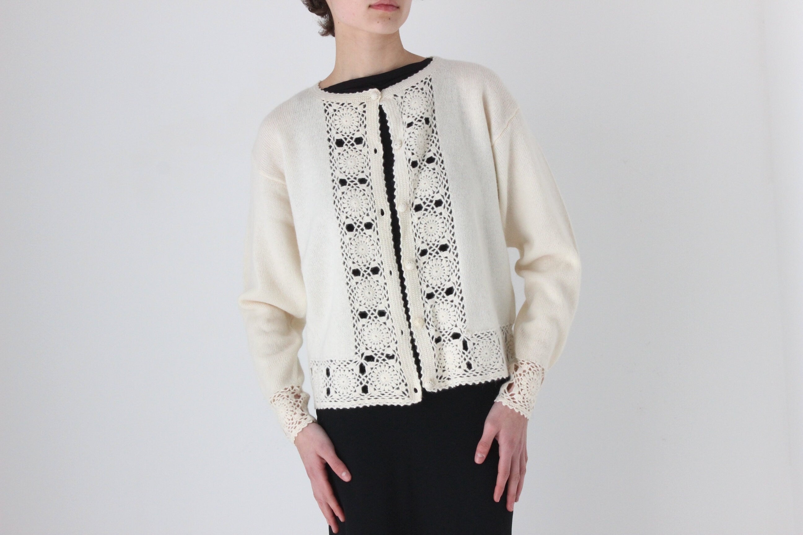 90s Lambswool & Angora Cardigan w/ Doily Crochet Trim