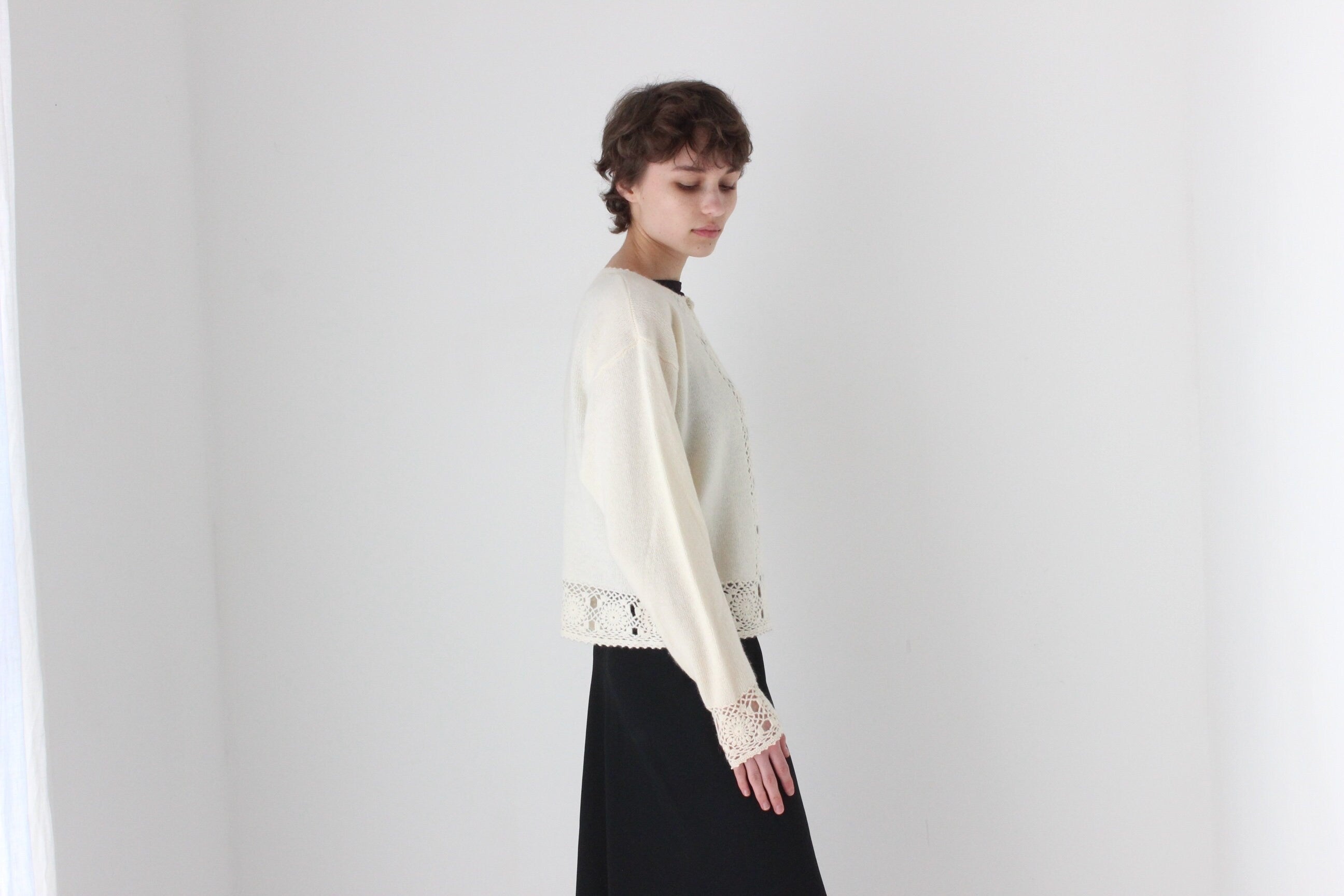 90s Lambswool & Angora Cardigan w/ Doily Crochet Trim