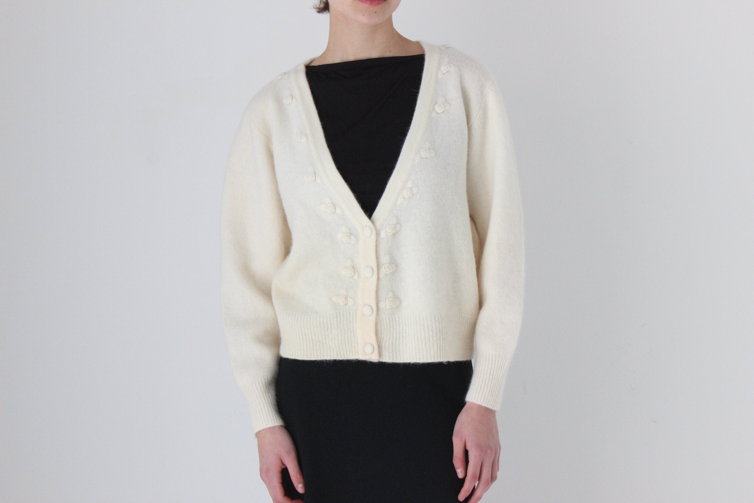 80s Softest Lambswool & Angora V Neck Cardigan w/ Rosettes
