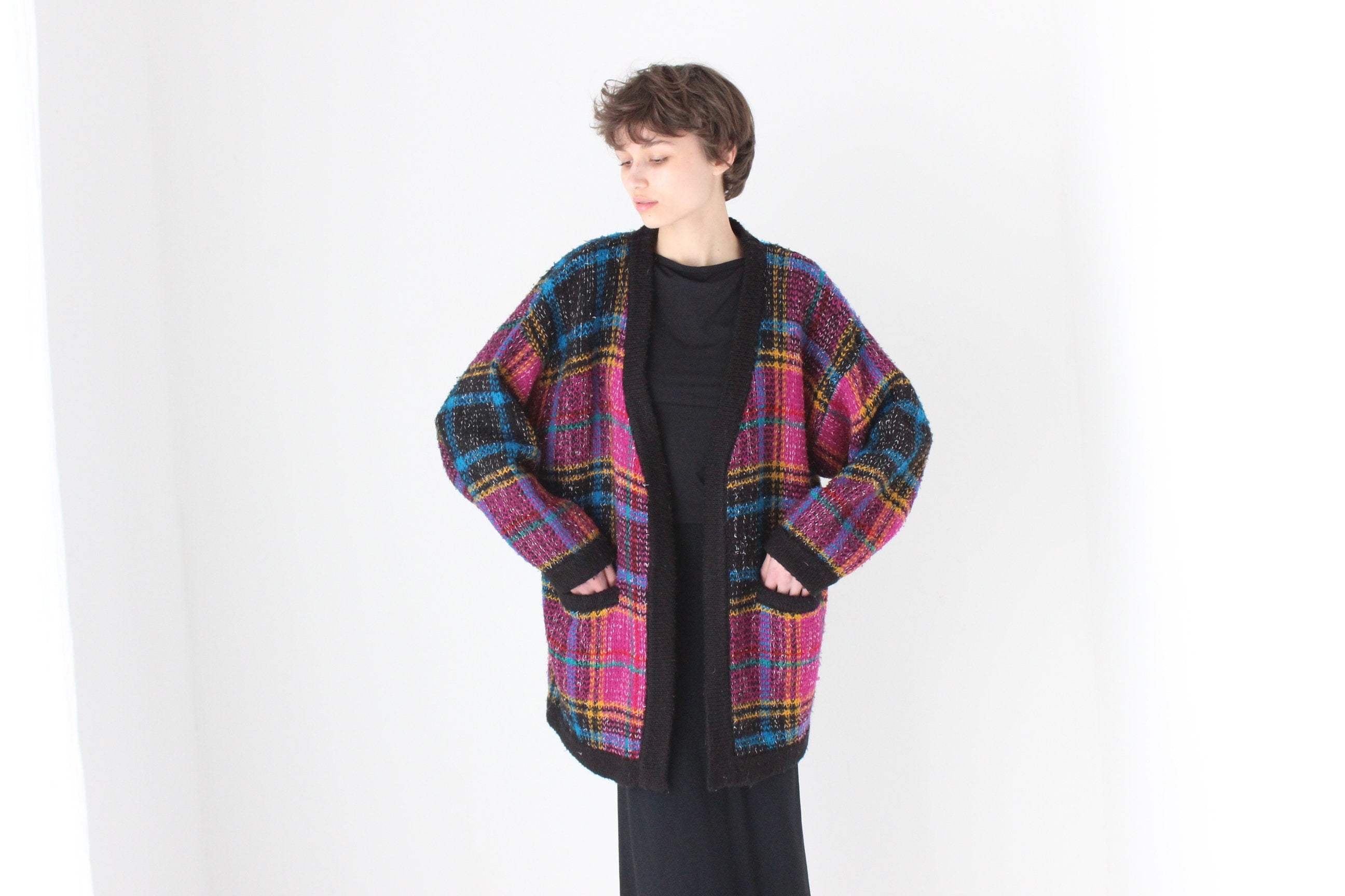 80s Tartan Pattern Oversized Cardigan