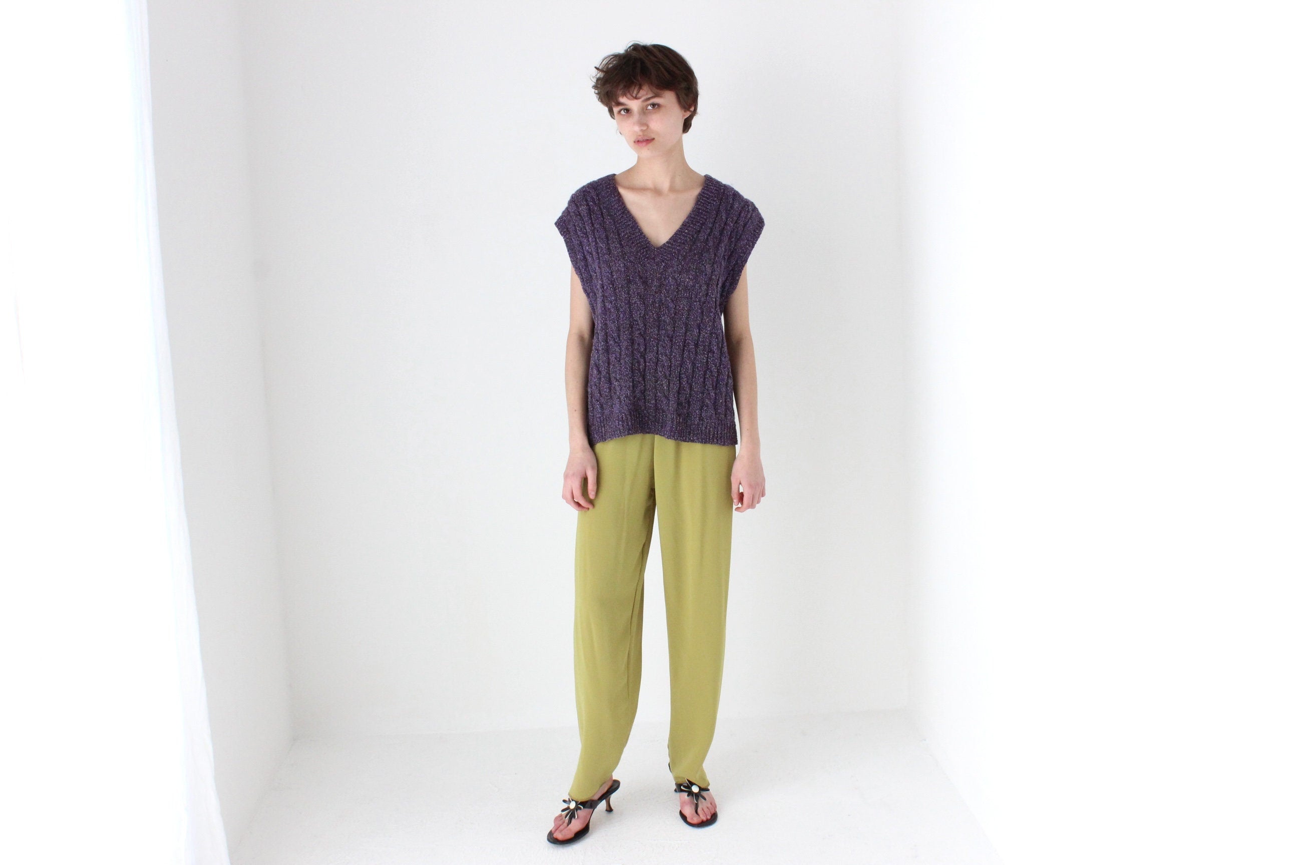80s Hand Knit Speckled Purple Loose V Neck Sweater Vest