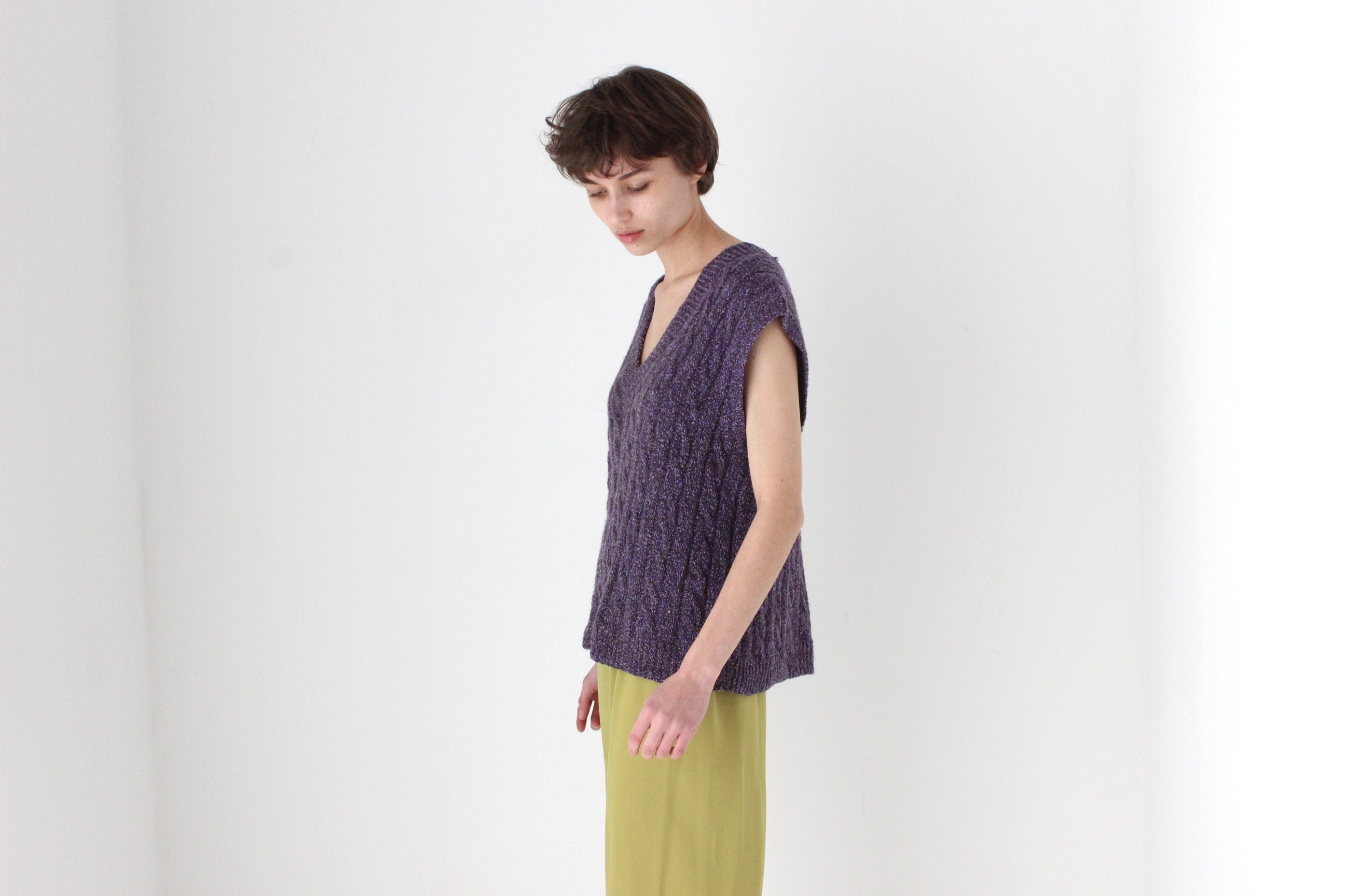 80s Hand Knit Speckled Purple Loose V Neck Sweater Vest