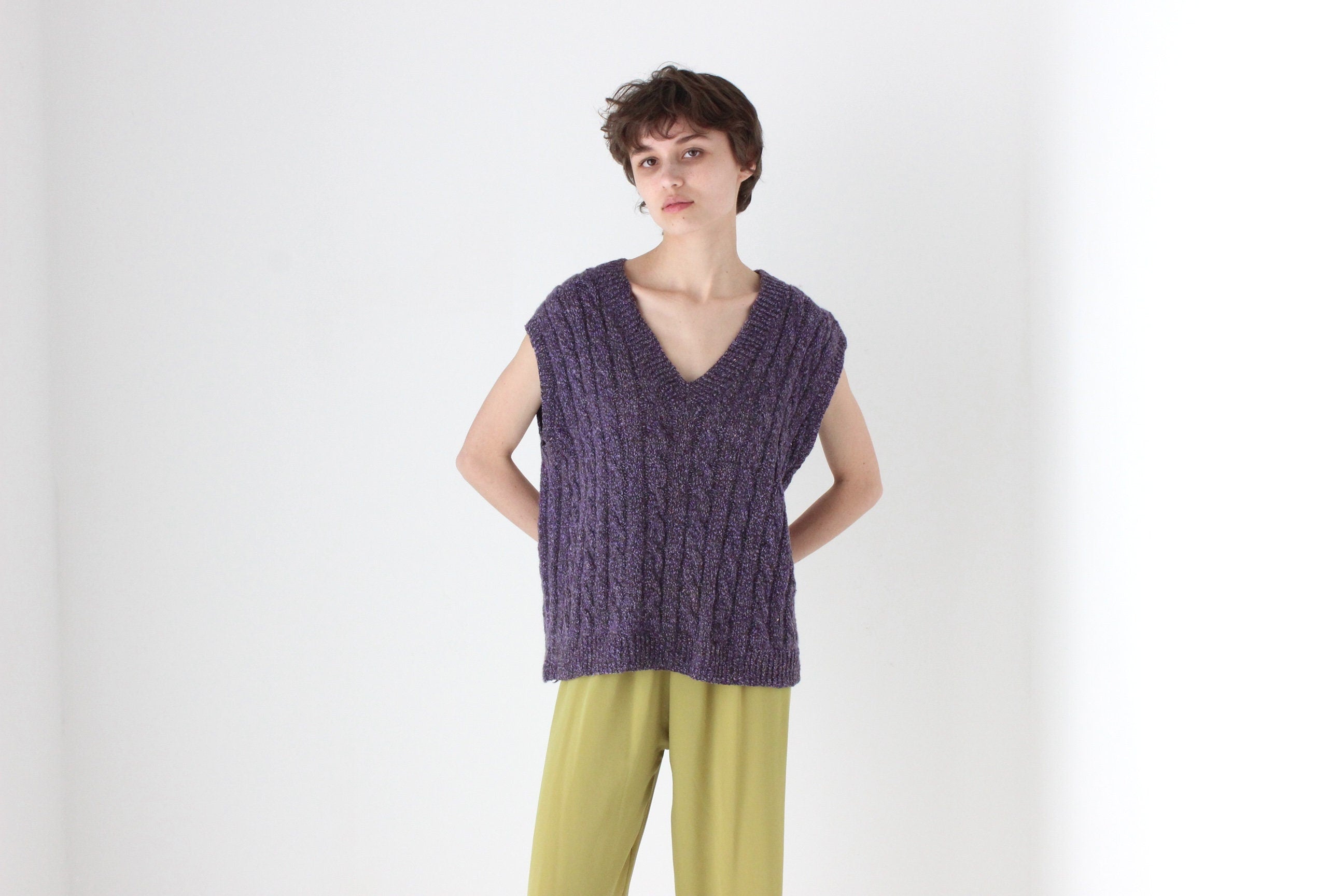 80s Hand Knit Speckled Purple Loose V Neck Sweater Vest