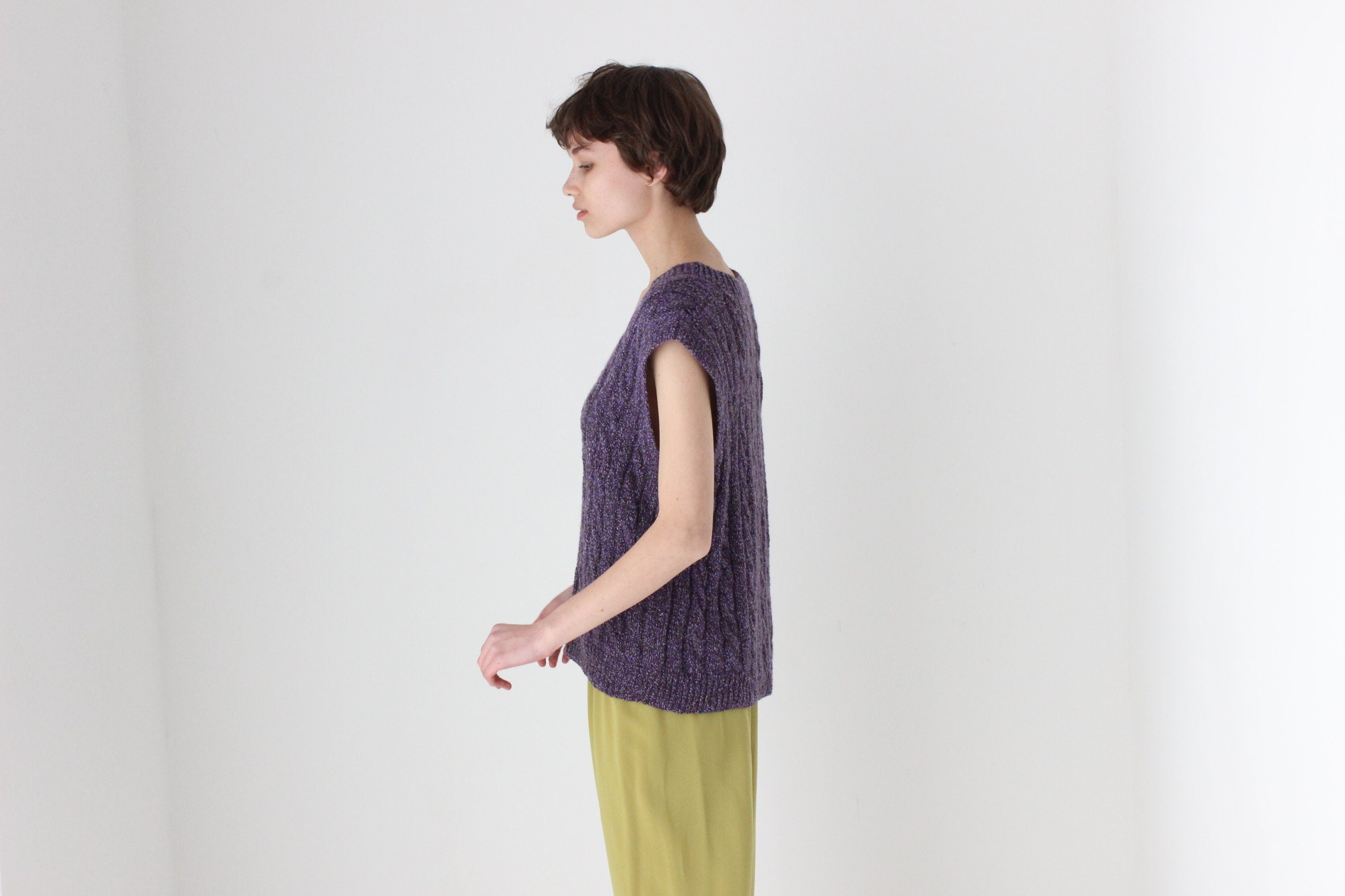 80s Hand Knit Speckled Purple Loose V Neck Sweater Vest