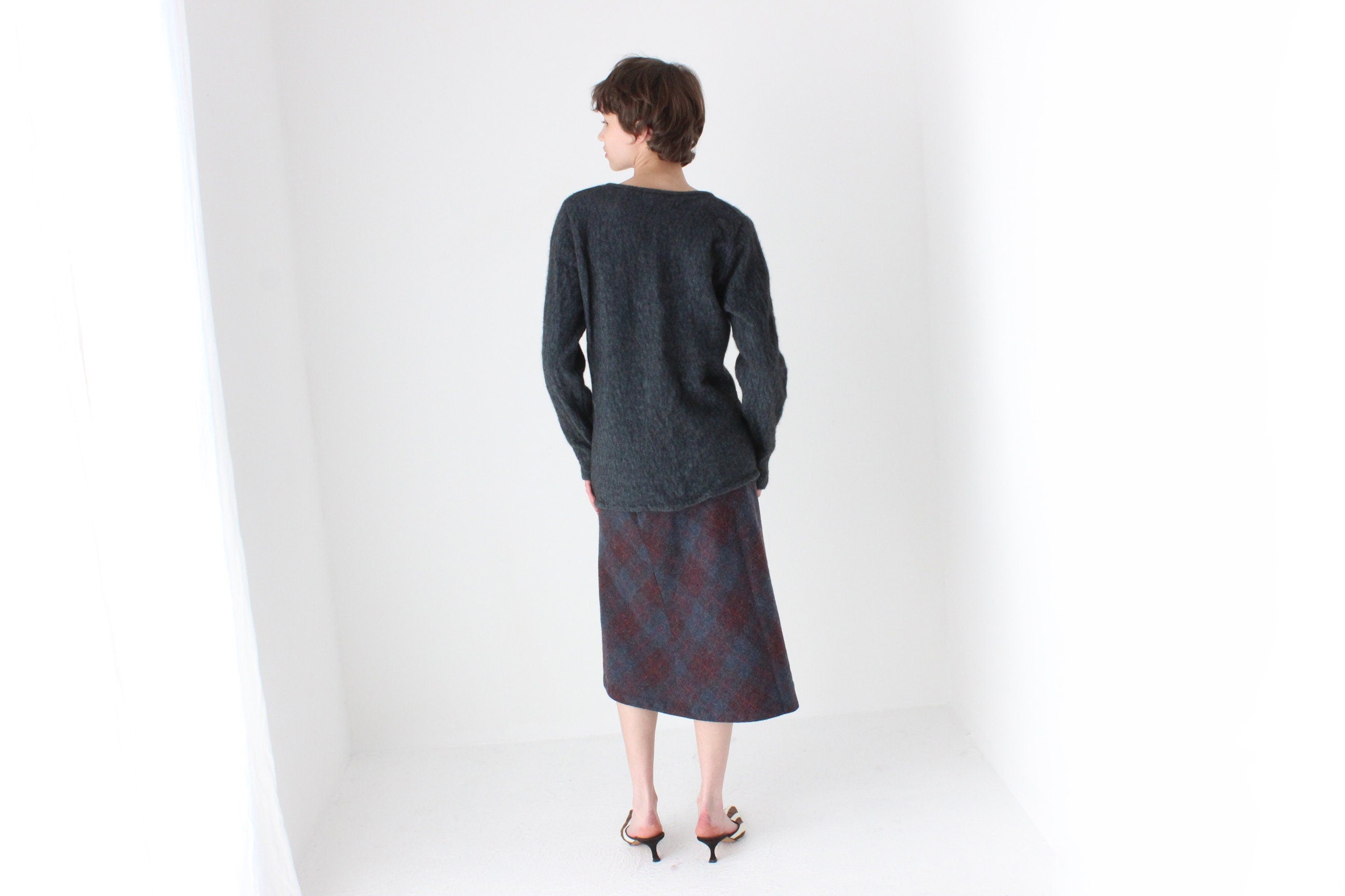 90s Subtle Tartan Wool & Mohair Knee Length Skirt