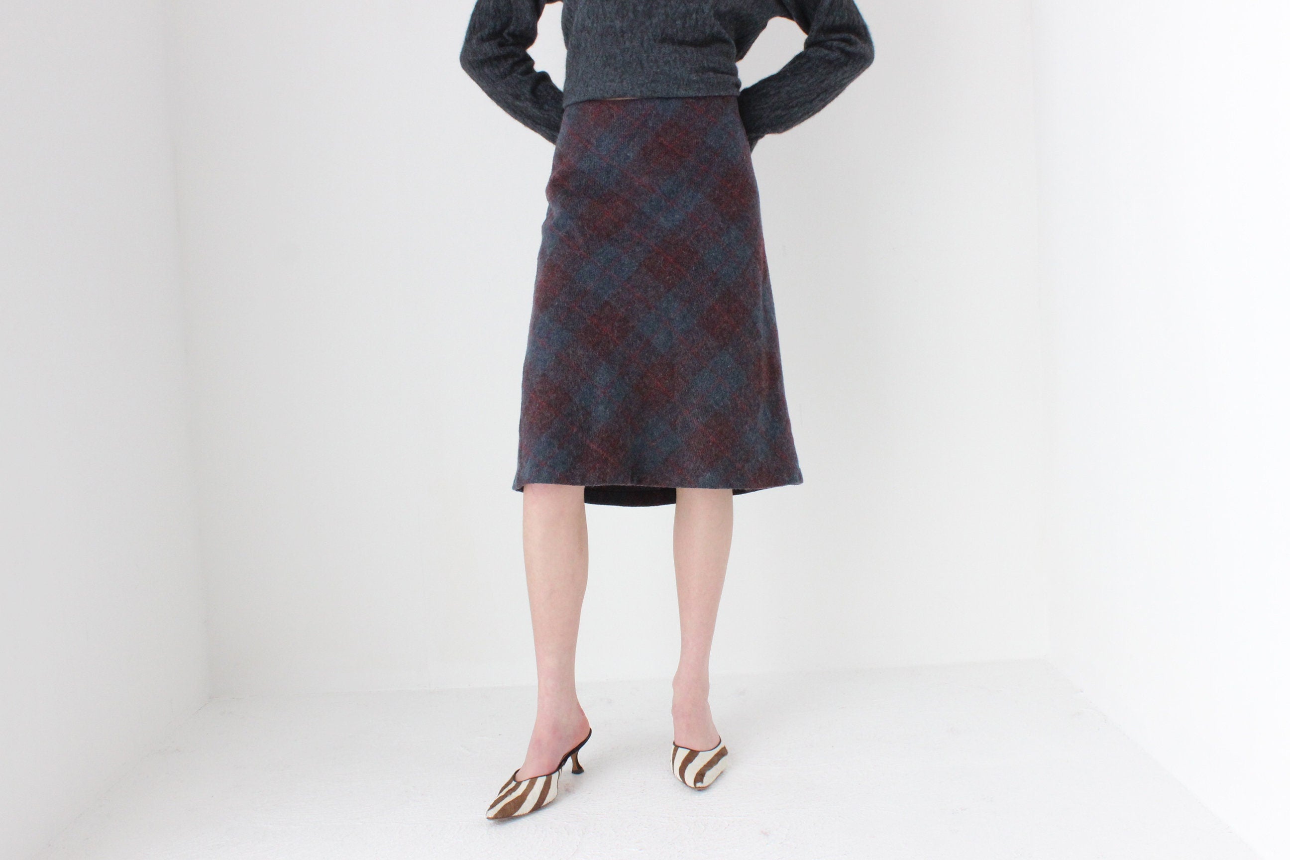 90s Subtle Tartan Wool & Mohair Knee Length Skirt