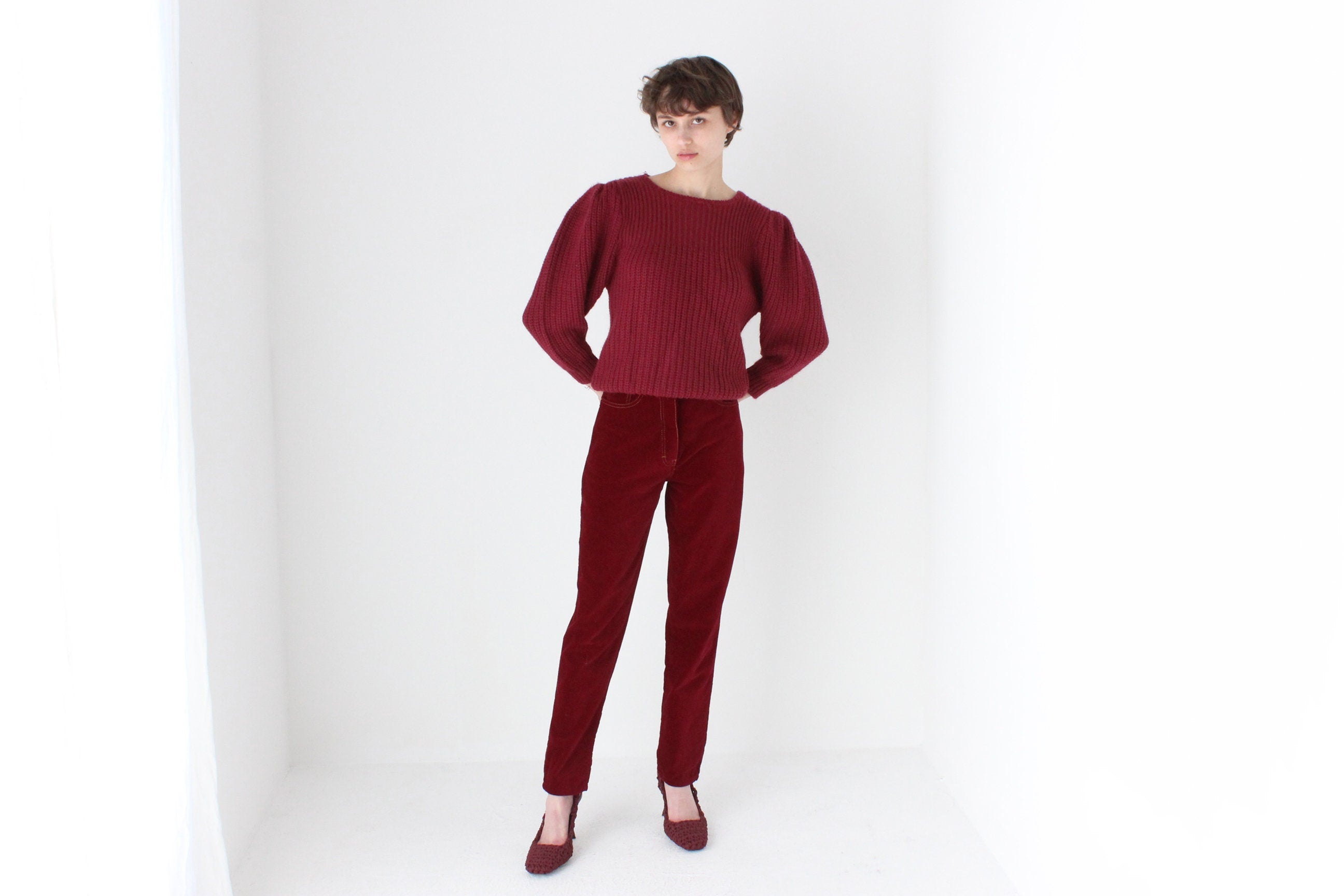 Soft 80s Puff Shoulder Sweater in Burgundy
