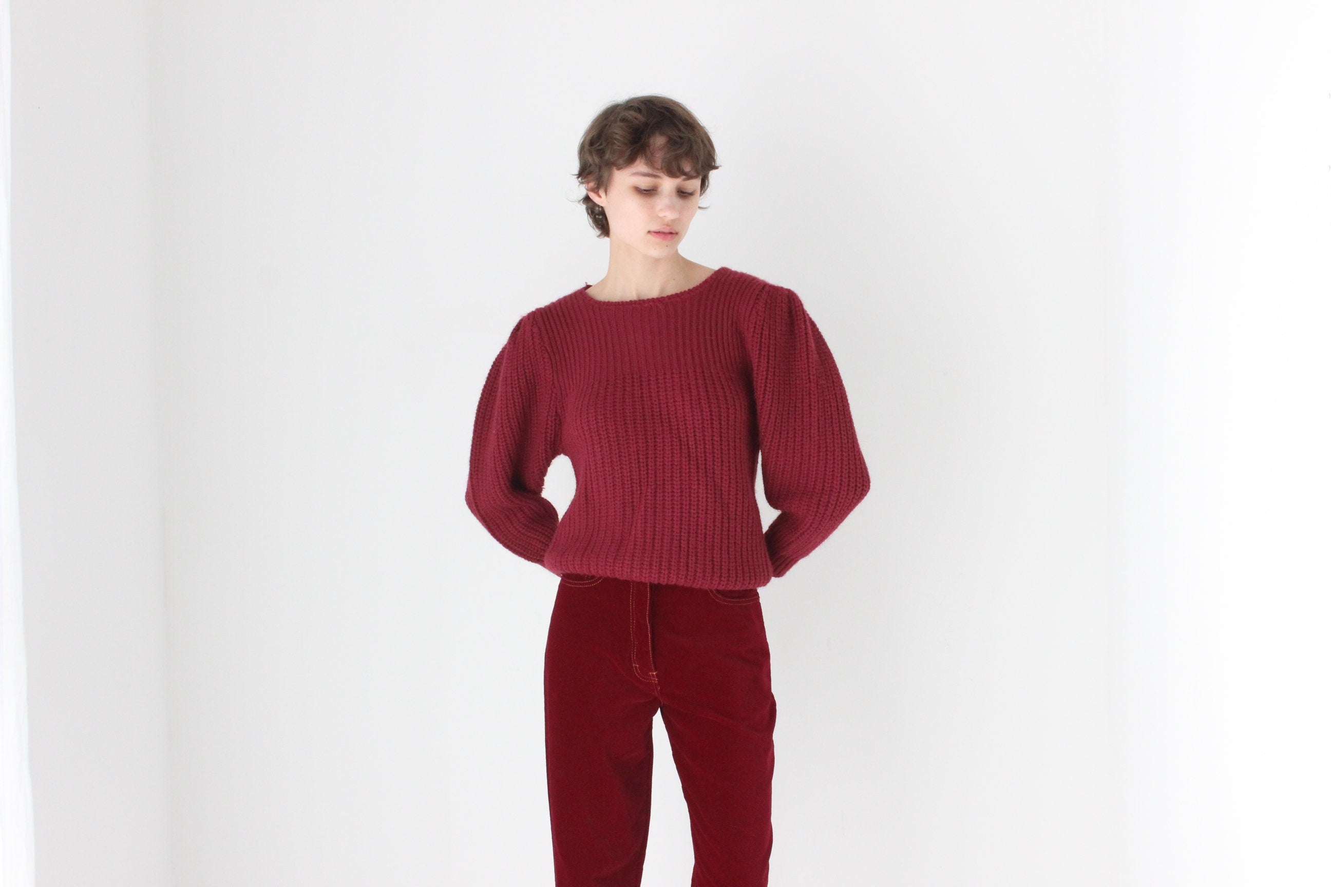 Soft 80s Puff Shoulder Sweater in Burgundy