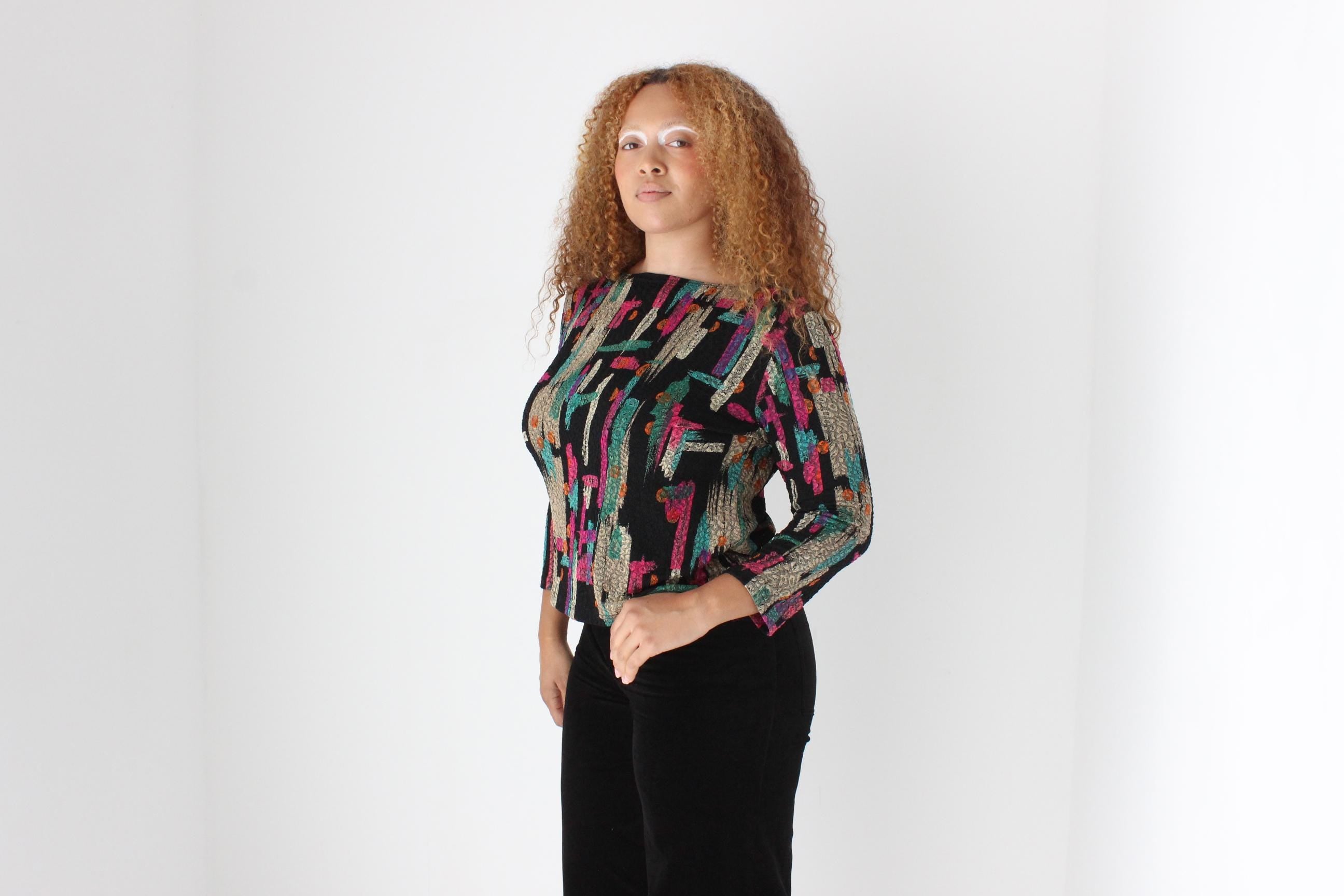 90s Painterly Abstract Mesh Stretch Top