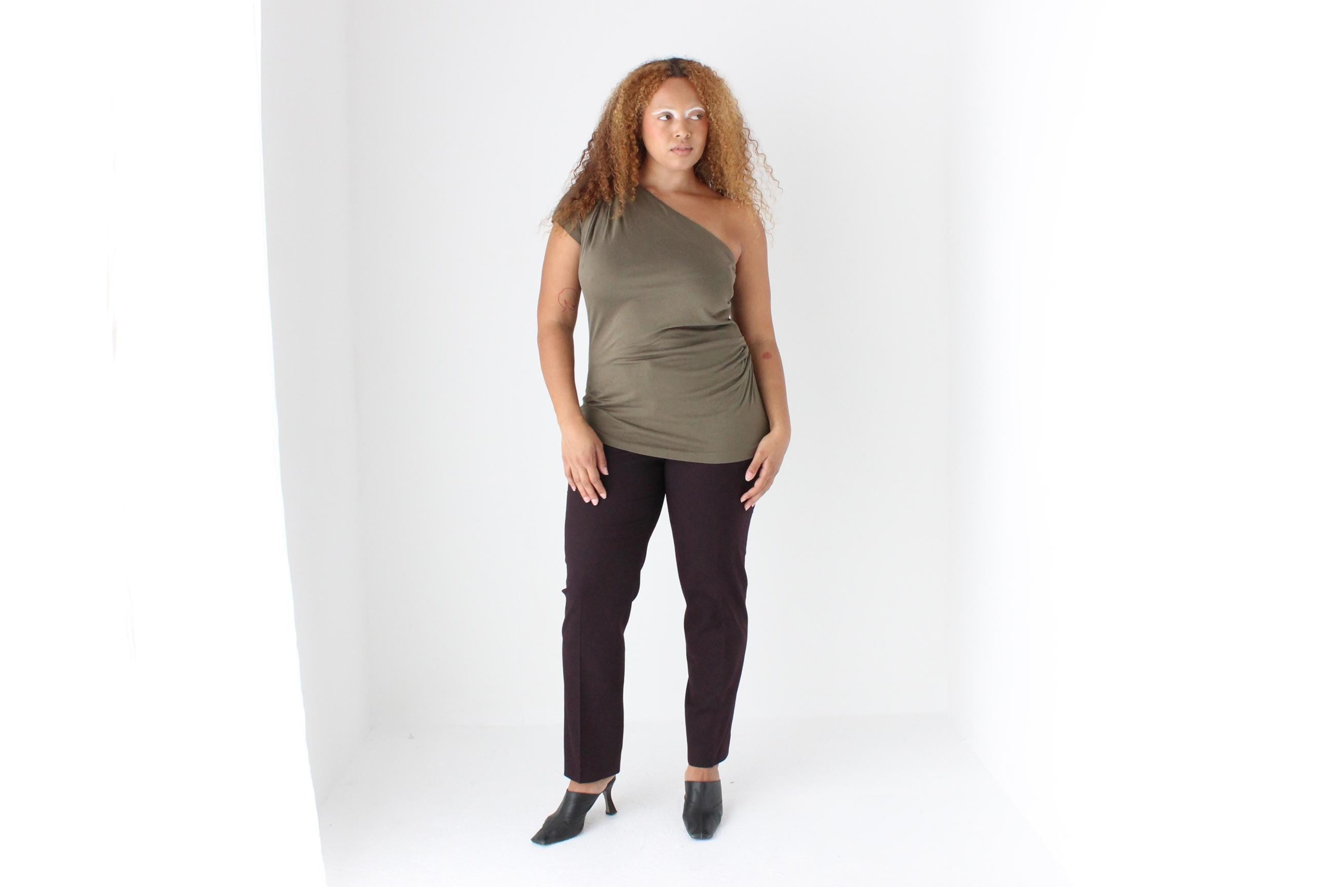 2000s Diane Von Furstenberg Olive Silk Jersey One Shoulder Top