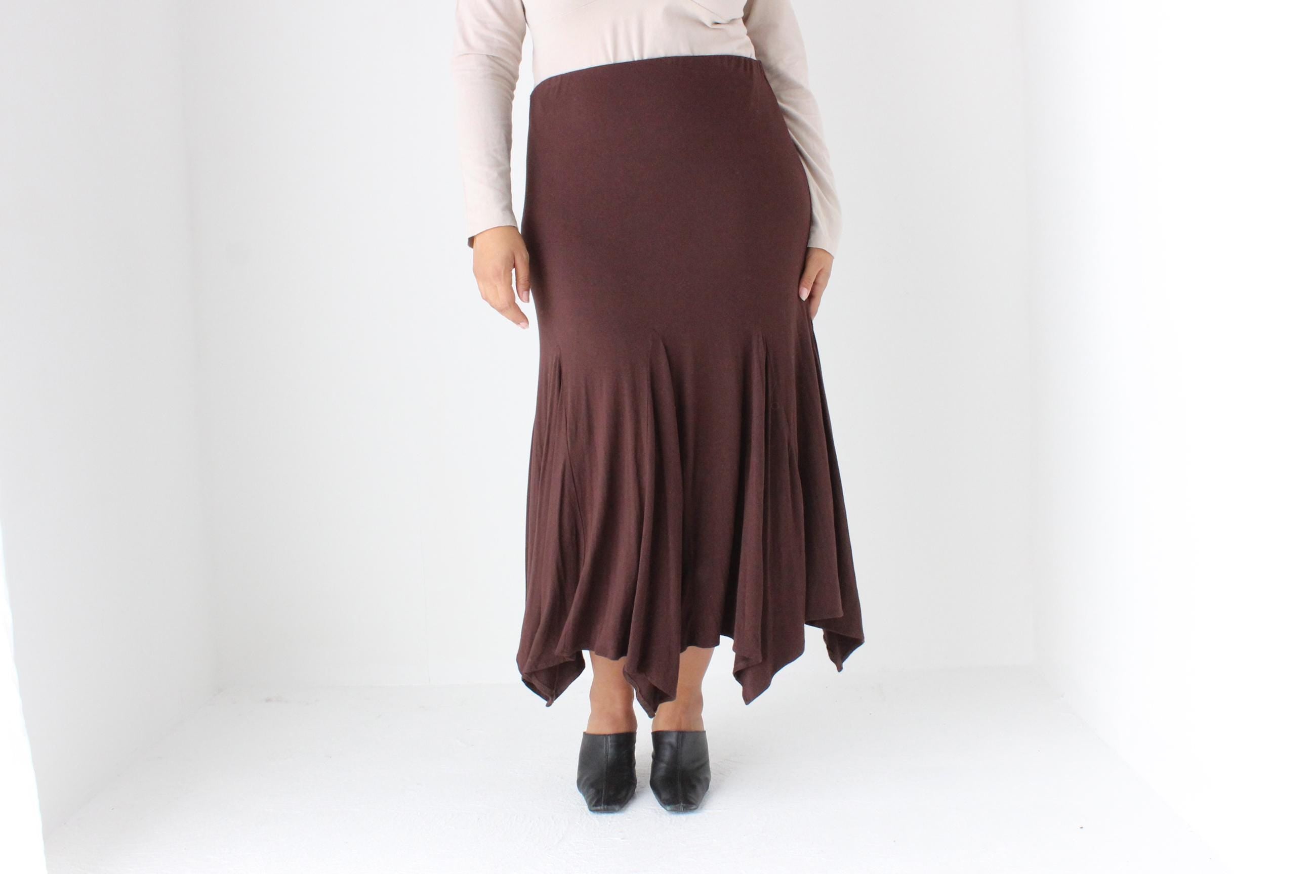 Y2K Slinky Chocolate Viscose Pointed Hem Midi Skirt