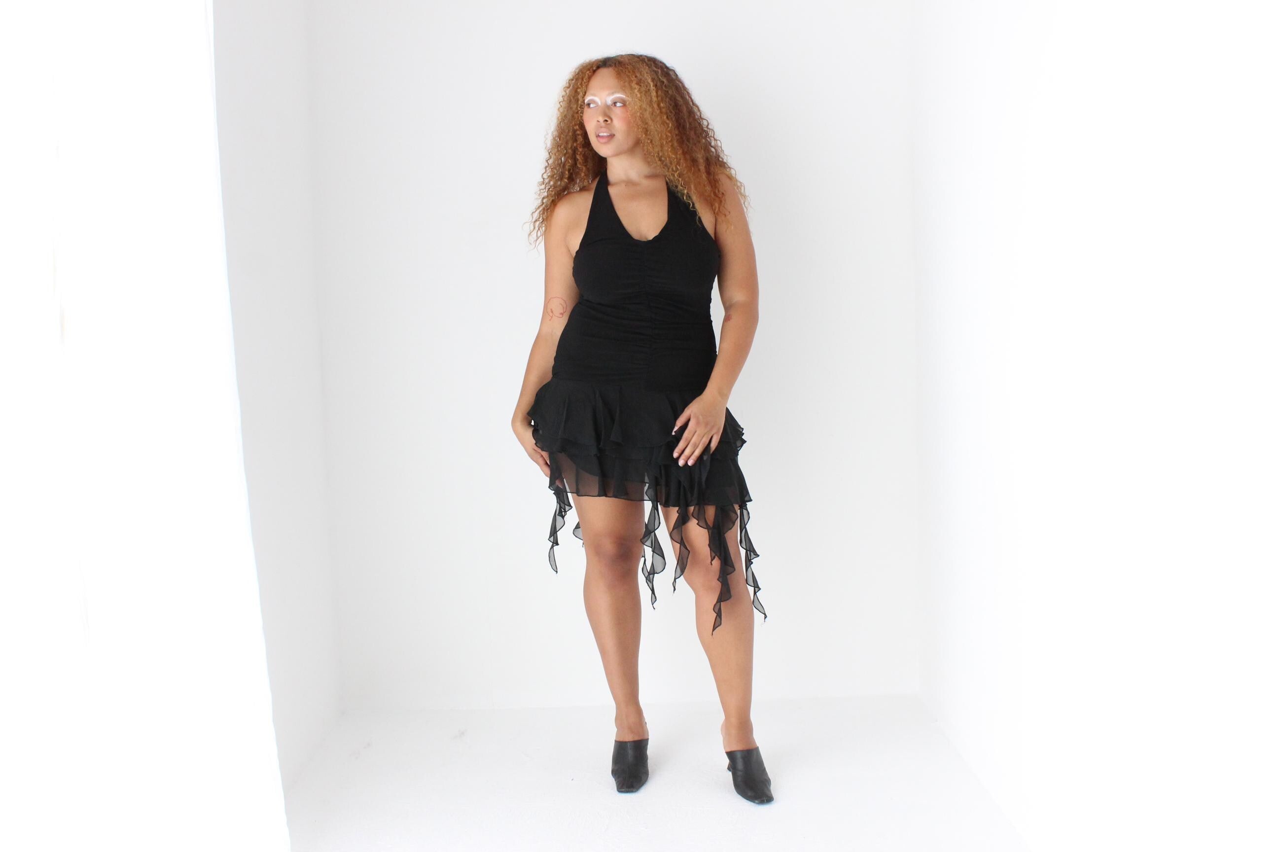 Y2K Halter Plunge & Low Back Sexy Ruffle Party Dress