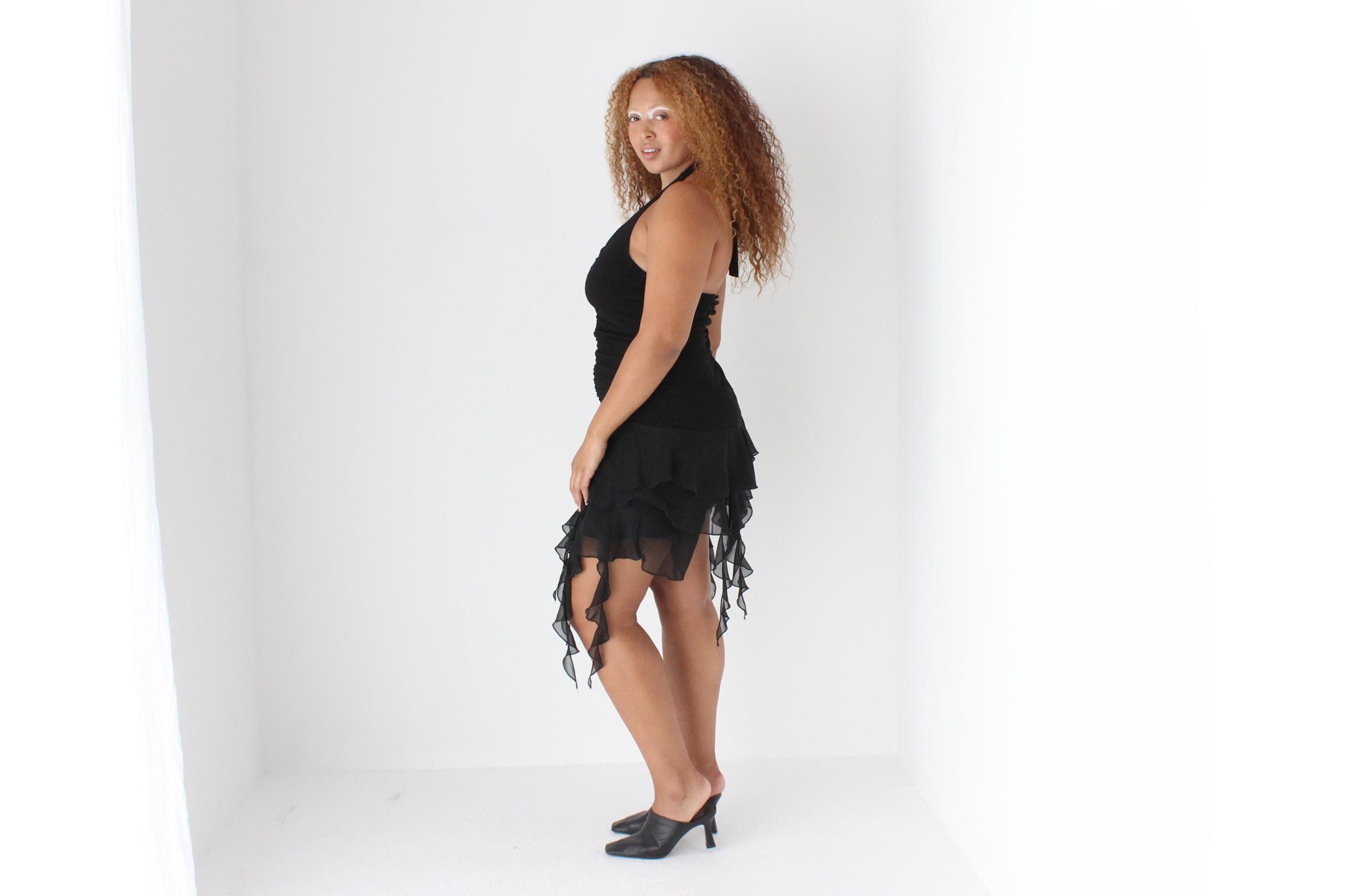 Y2K Halter Plunge & Low Back Sexy Ruffle Party Dress