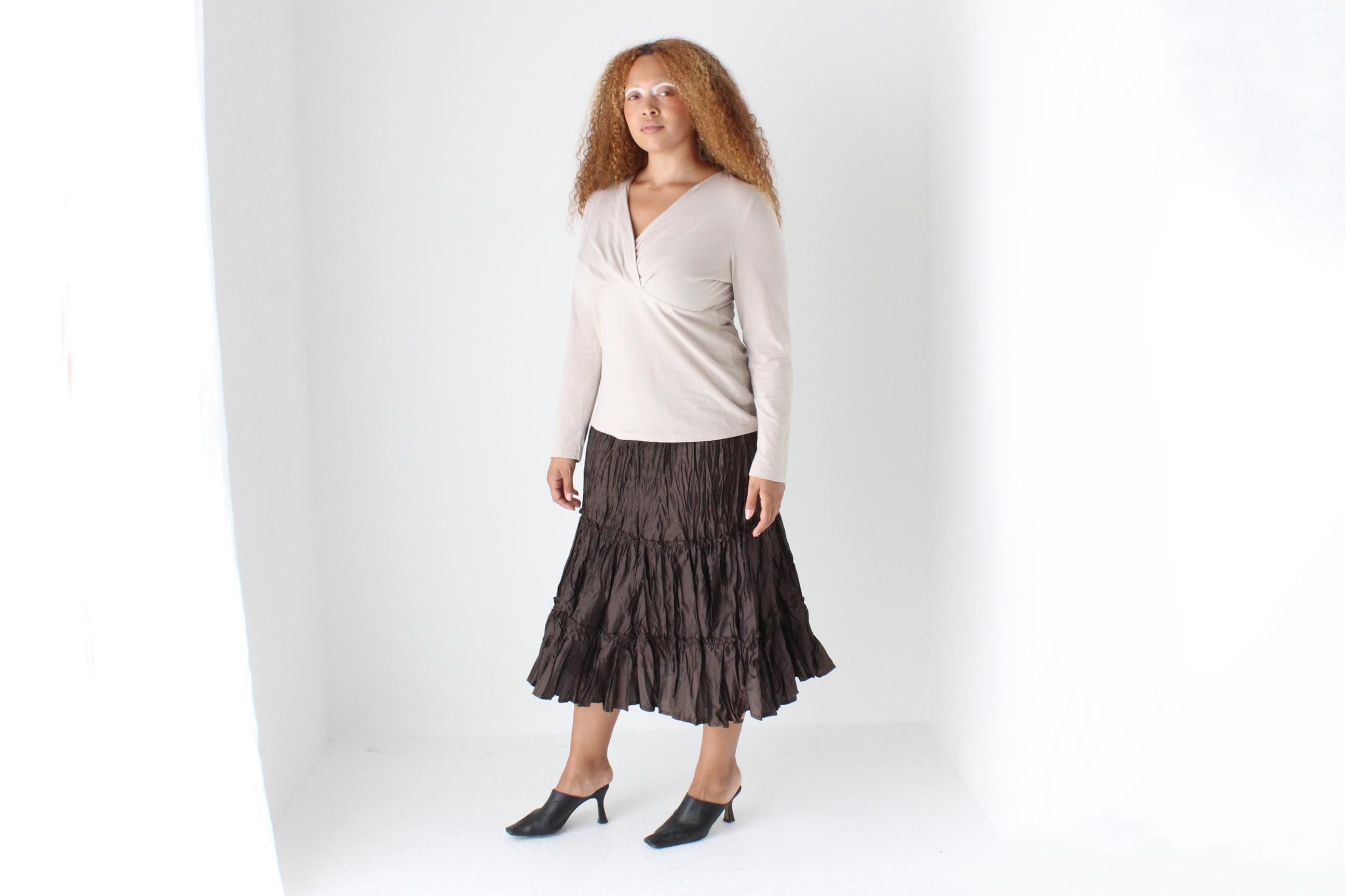 Y2K Metallic Crinkle Chocolate Skirt