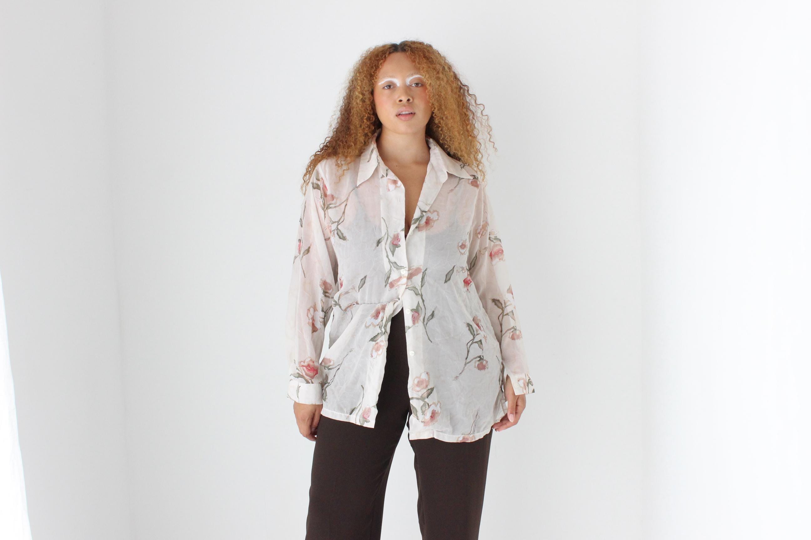 90s Pastel Floral Semi Sheer Shirt