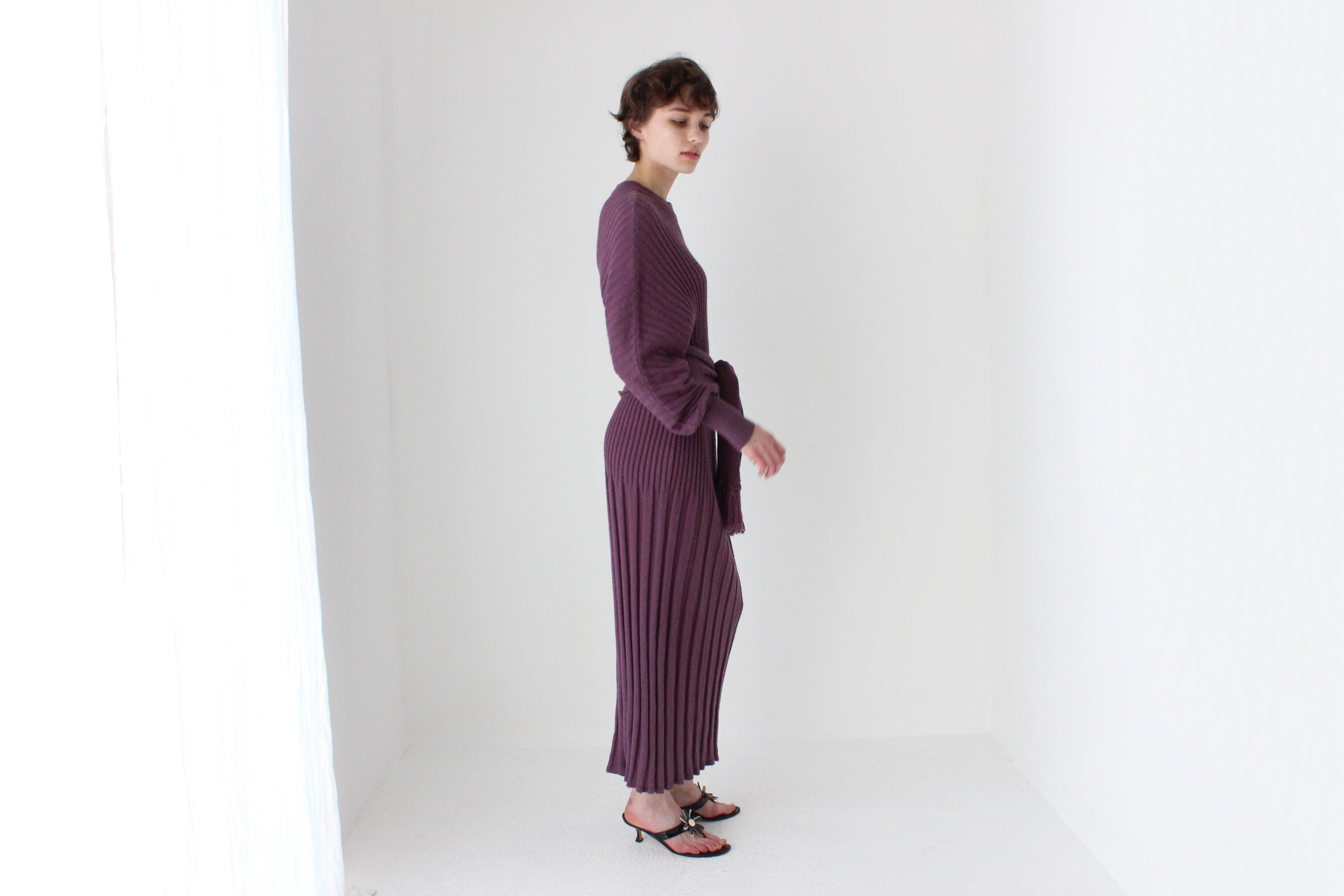 80s Sculptural Ribbed Pure Wool Batwing Sweater Dress