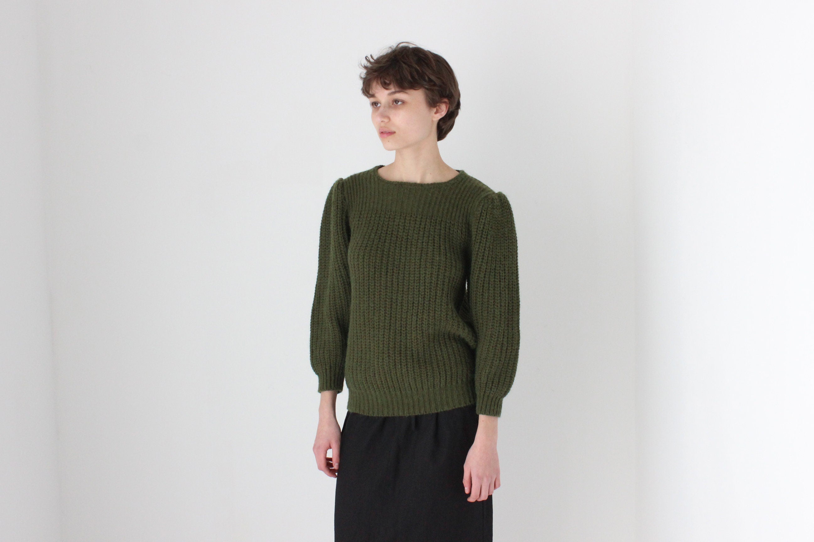 Soft 80s Puff Shoulder Knit Sweater in Khaki