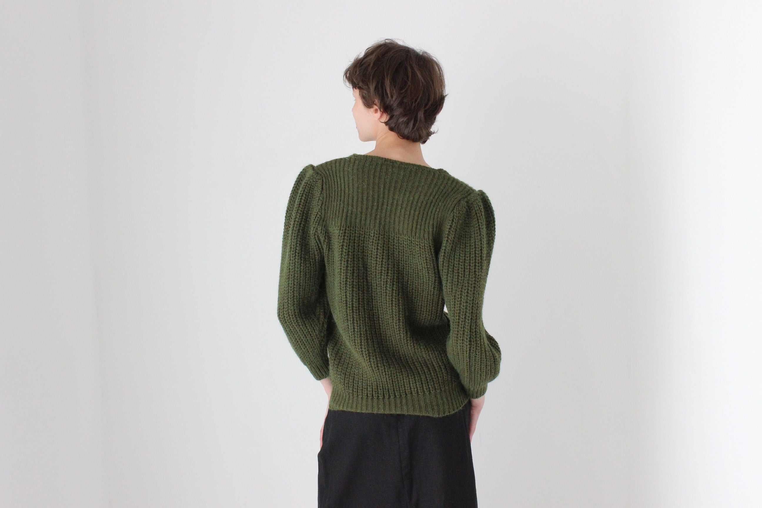 Soft 80s Puff Shoulder Knit Sweater in Khaki