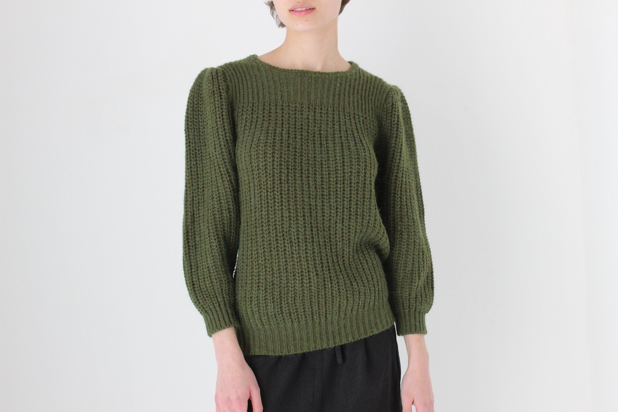 Soft 80s Puff Shoulder Knit Sweater in Khaki