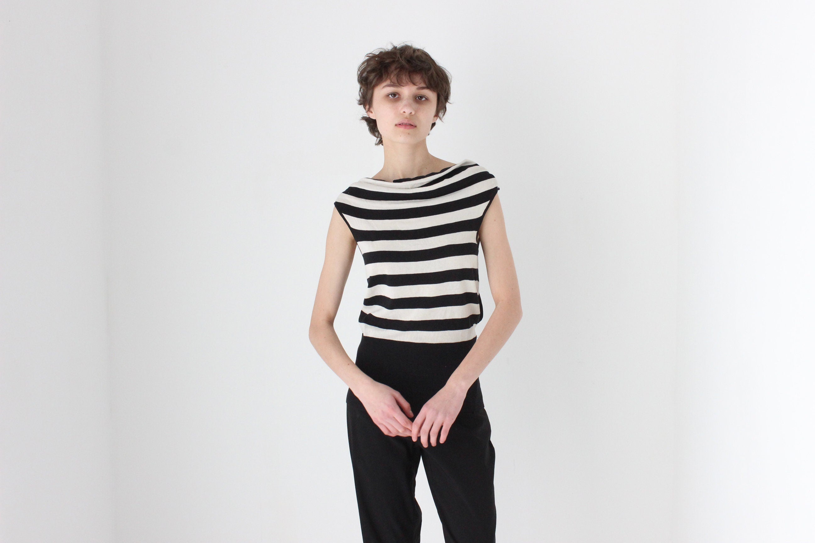 Y2K Bold Striped Cotton Knit High Neck Tank w/ Abstract Cut Out Back