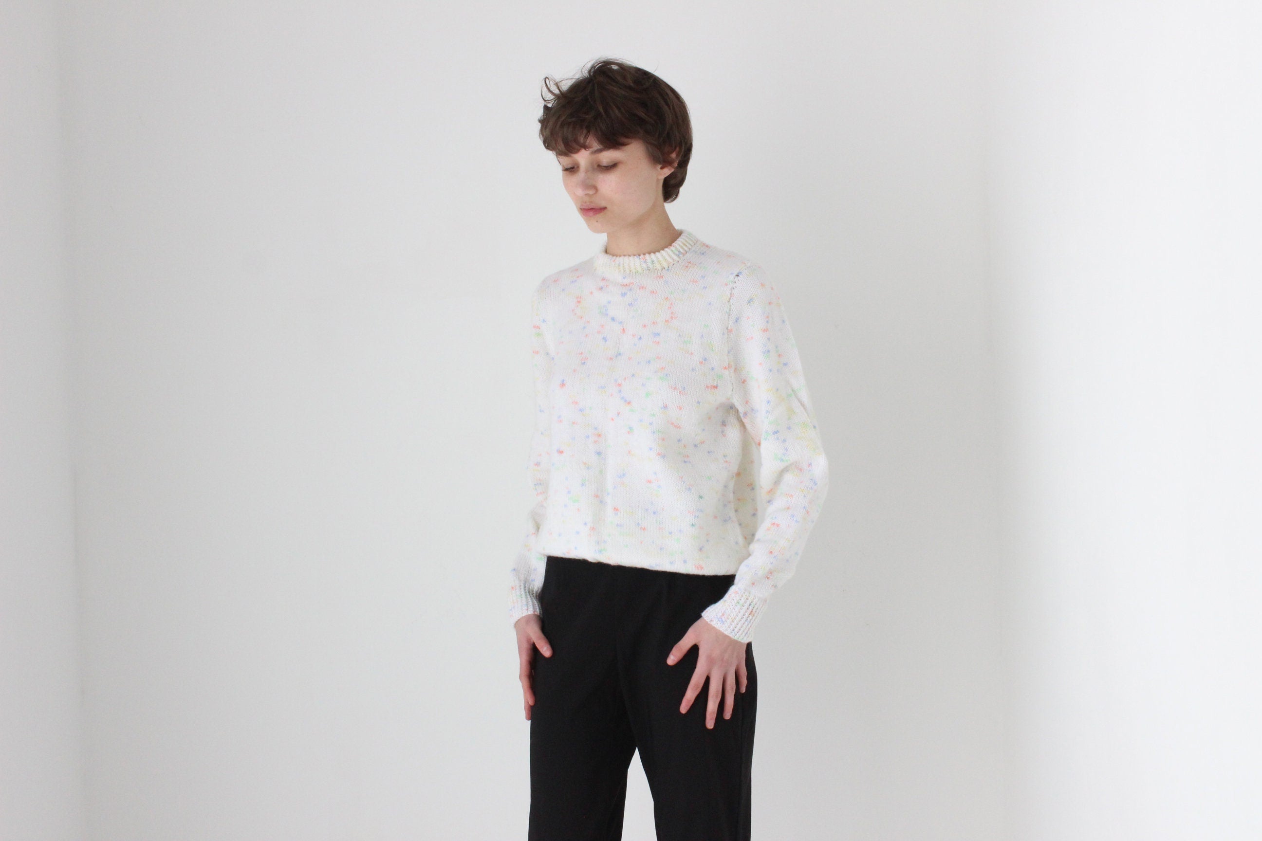 80s Hand Knit White 'Confetti' Speckle Sweater