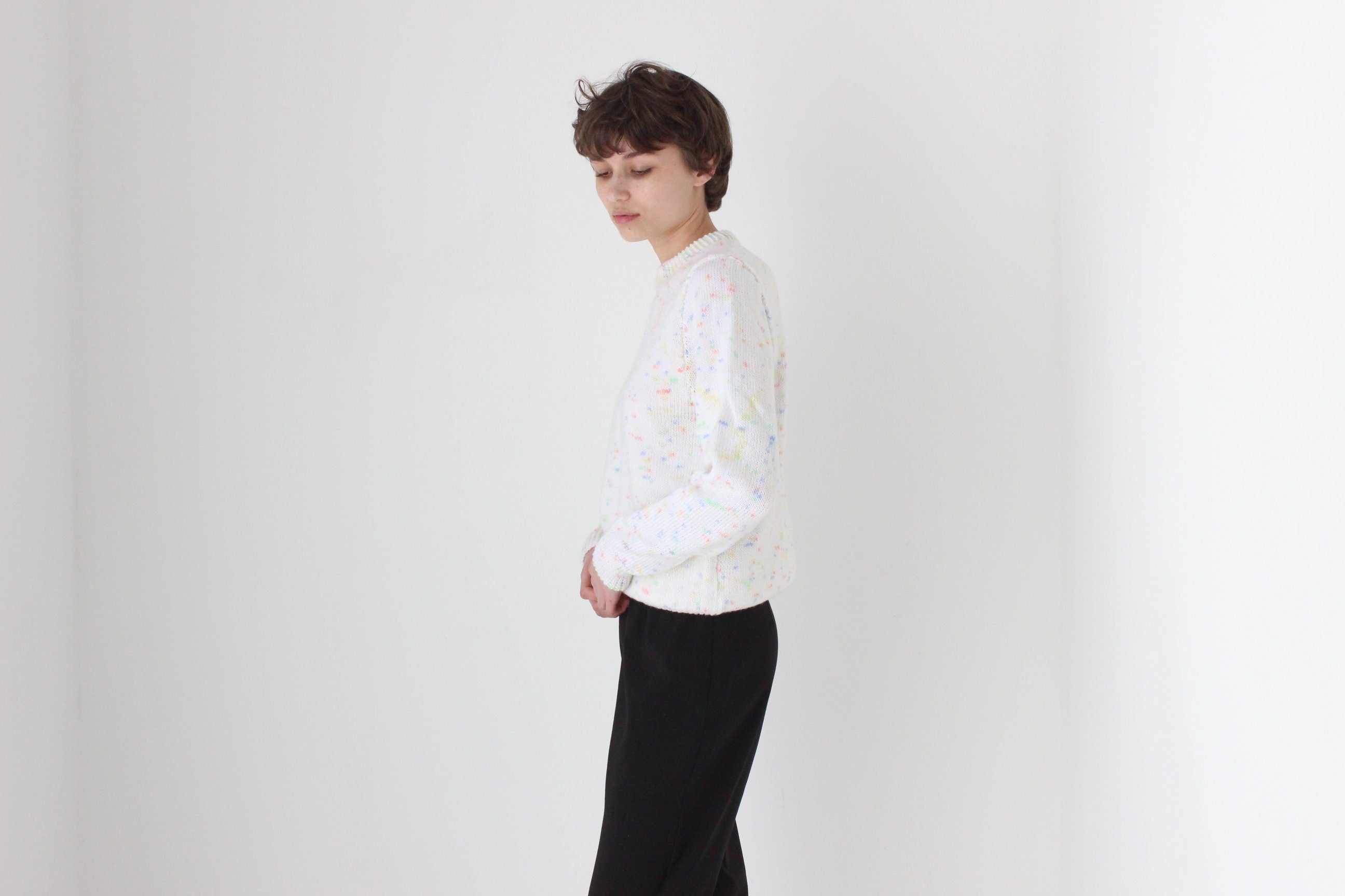 80s Hand Knit White 'Confetti' Speckle Sweater