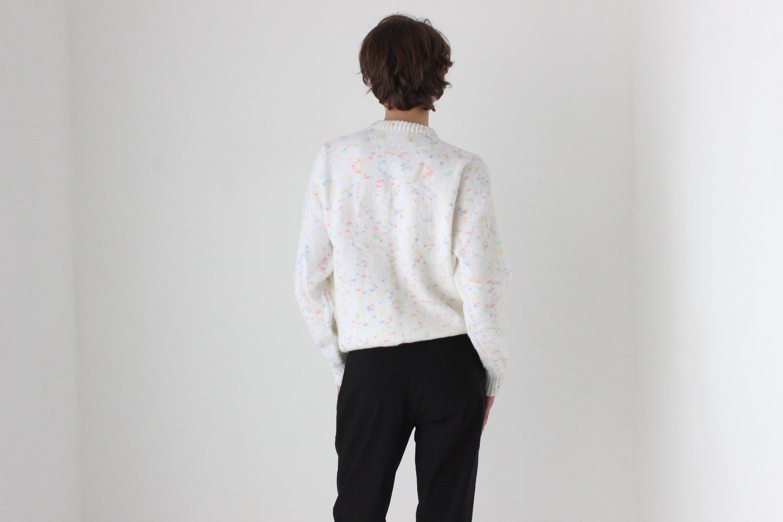 80s Hand Knit White 'Confetti' Speckle Sweater