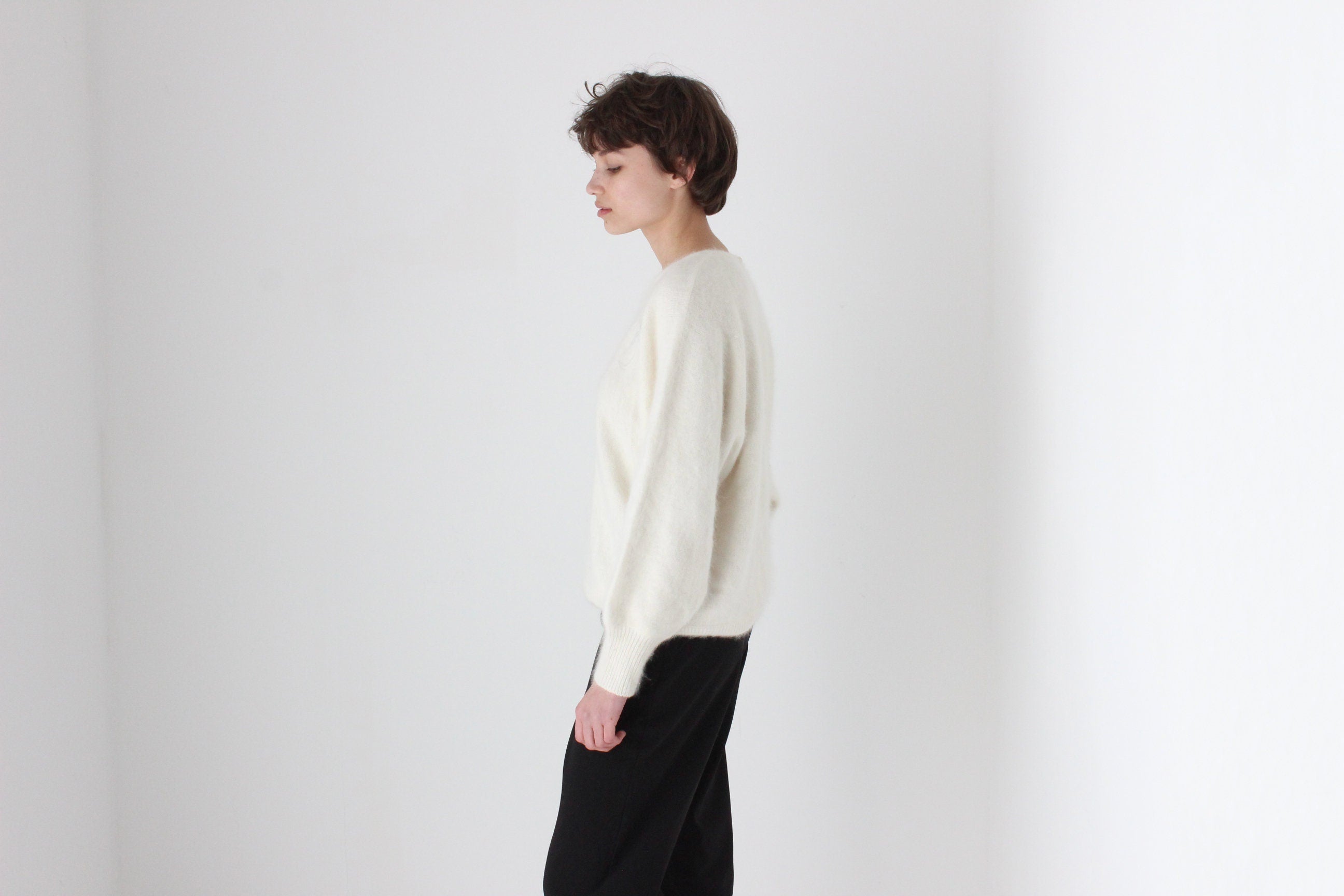 80s Cream Angora Slouch Batwing Sweater