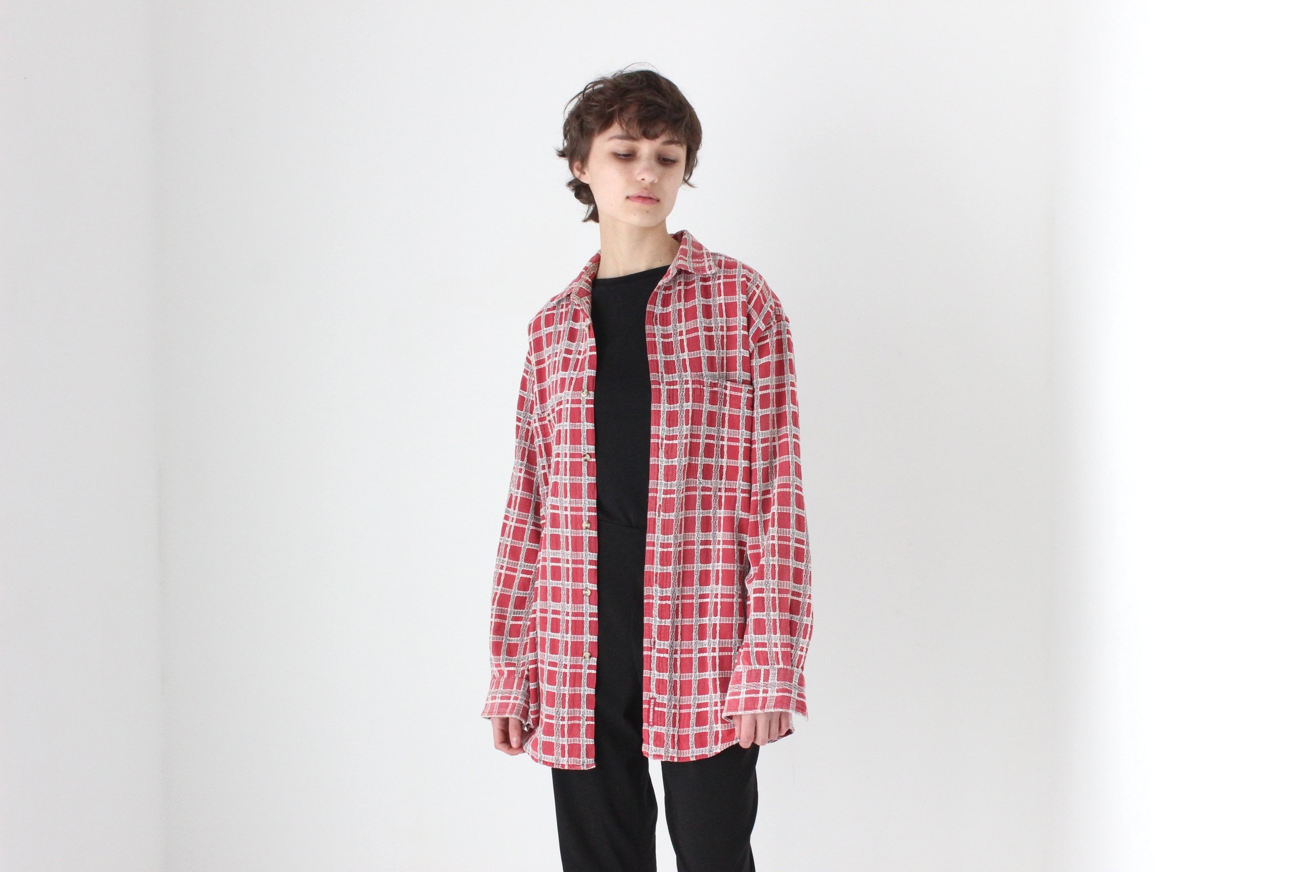 90s Woven Cotton Checked Oversized Shirt