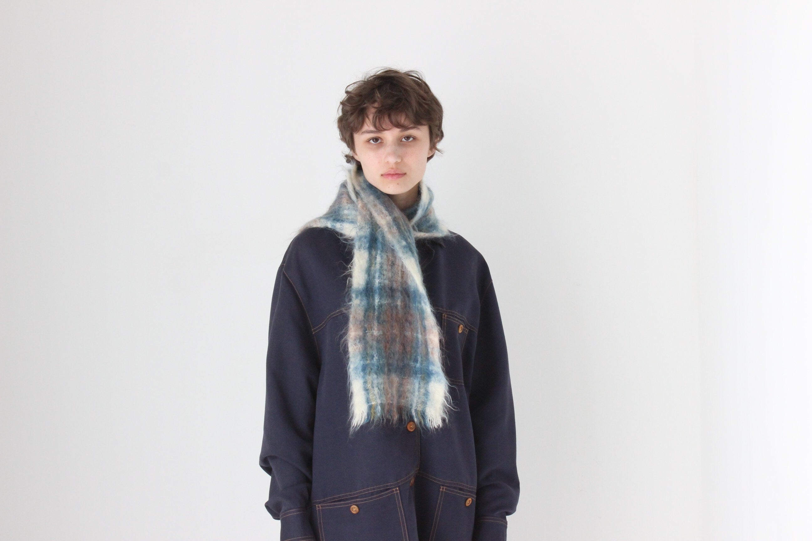 80s Scottish Mohair & Wool Tartan Knit Scarf