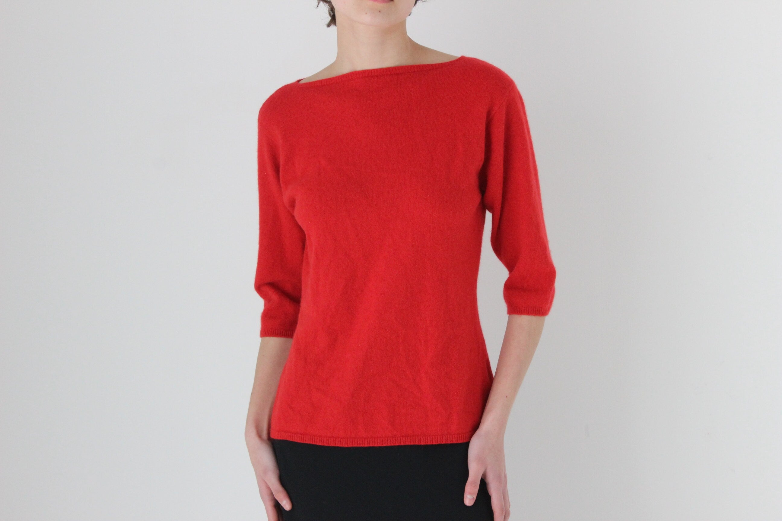 90s Bateau Neck Three-Quarter Sleeve Sweater Top