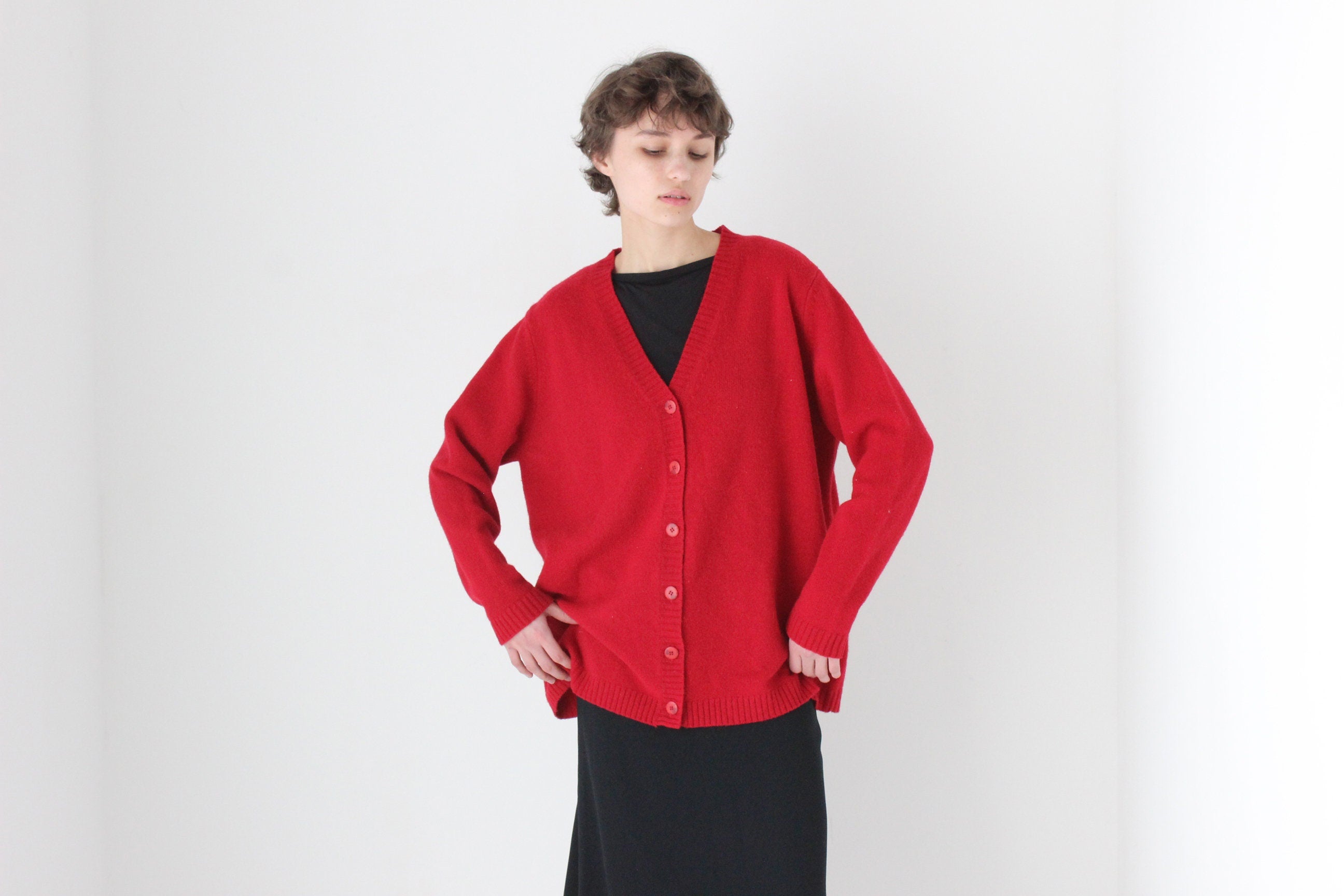 90s Pure Lambswool Oversized + Slouchy V Neck Cardigan