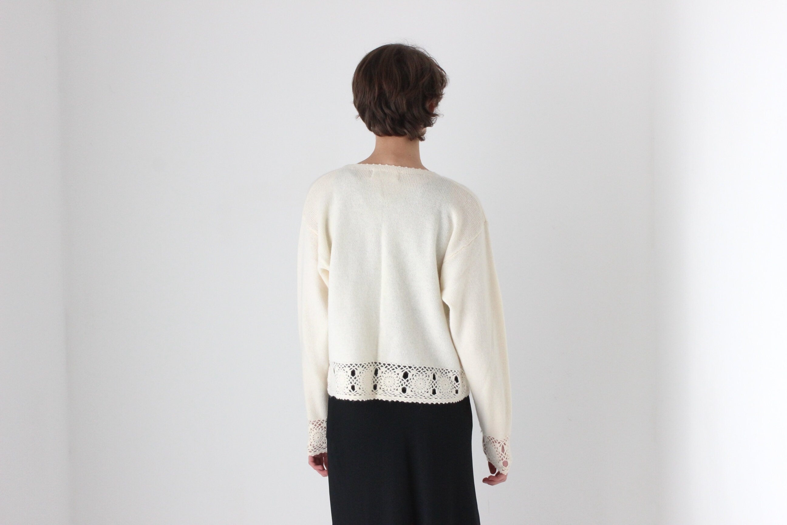 90s Lambswool & Angora Cardigan w/ Doily Crochet Trim