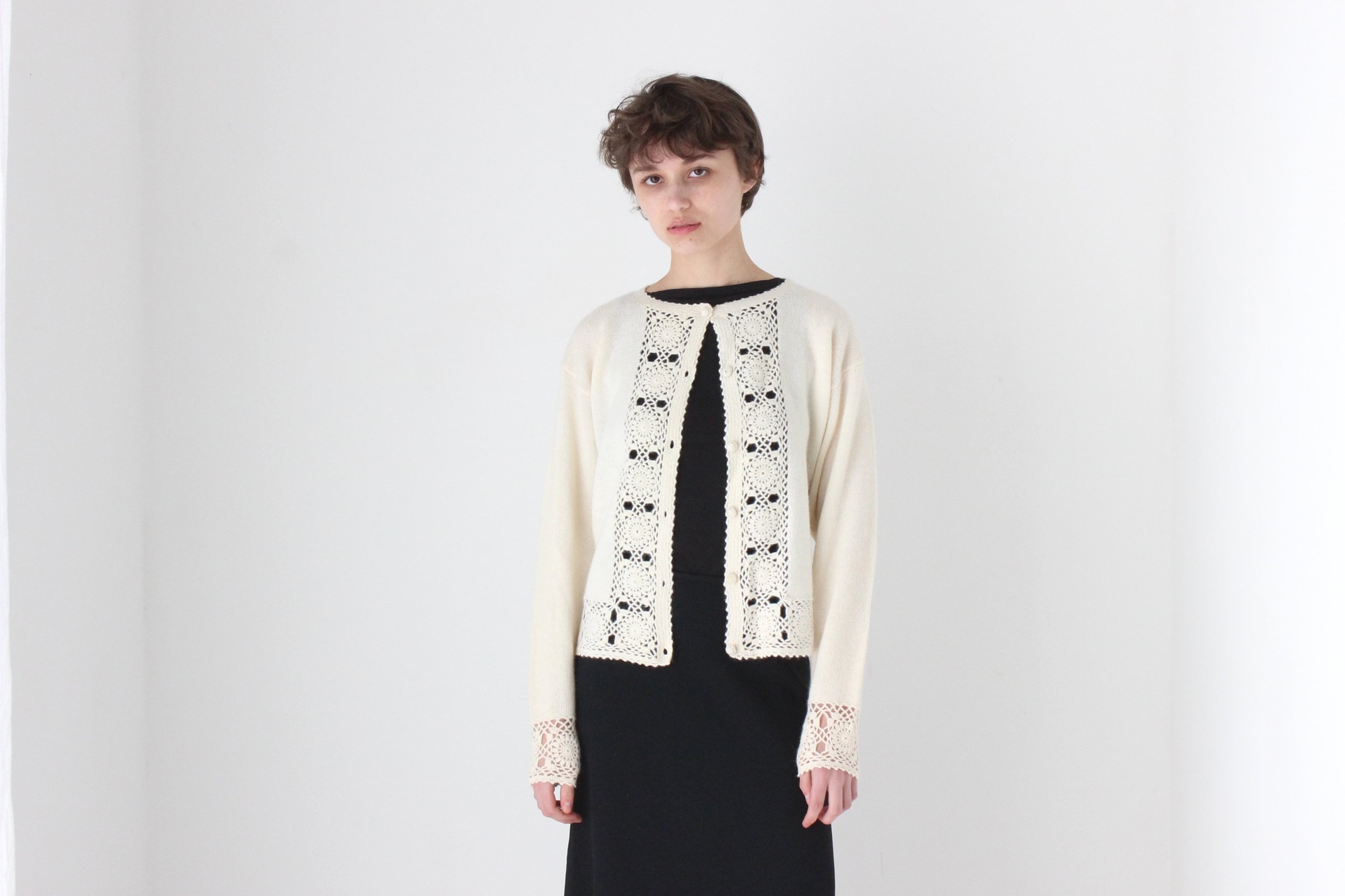 90s Lambswool & Angora Cardigan w/ Doily Crochet Trim