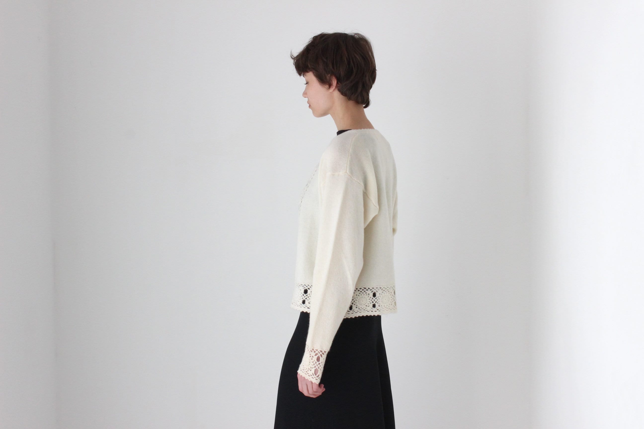90s Lambswool & Angora Cardigan w/ Doily Crochet Trim