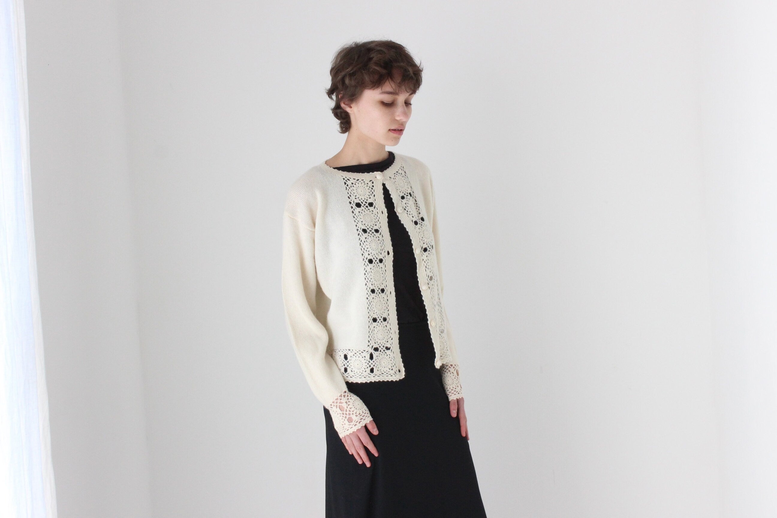 90s Lambswool & Angora Cardigan w/ Doily Crochet Trim