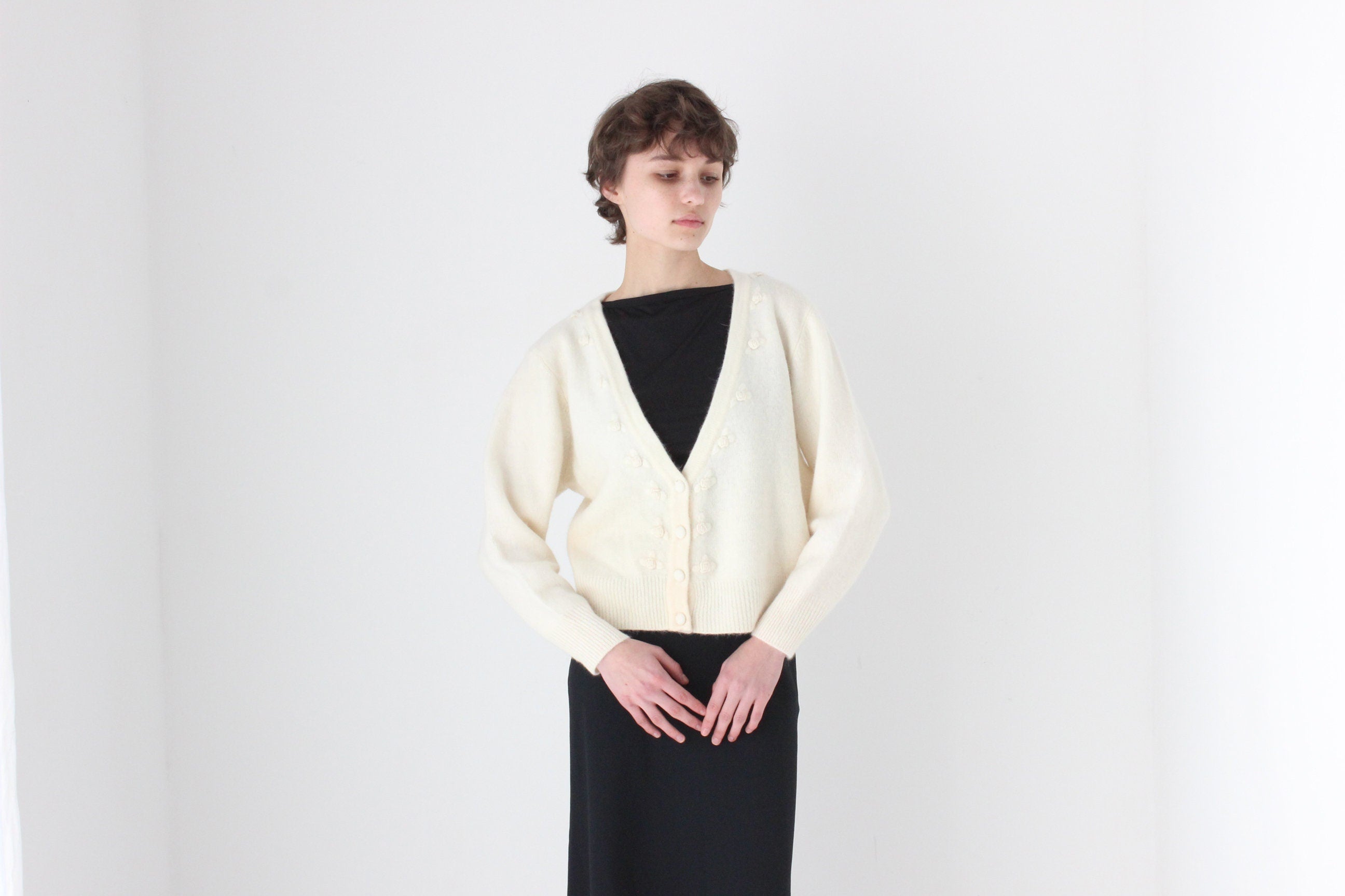 80s Softest Lambswool & Angora V Neck Cardigan w/ Rosettes