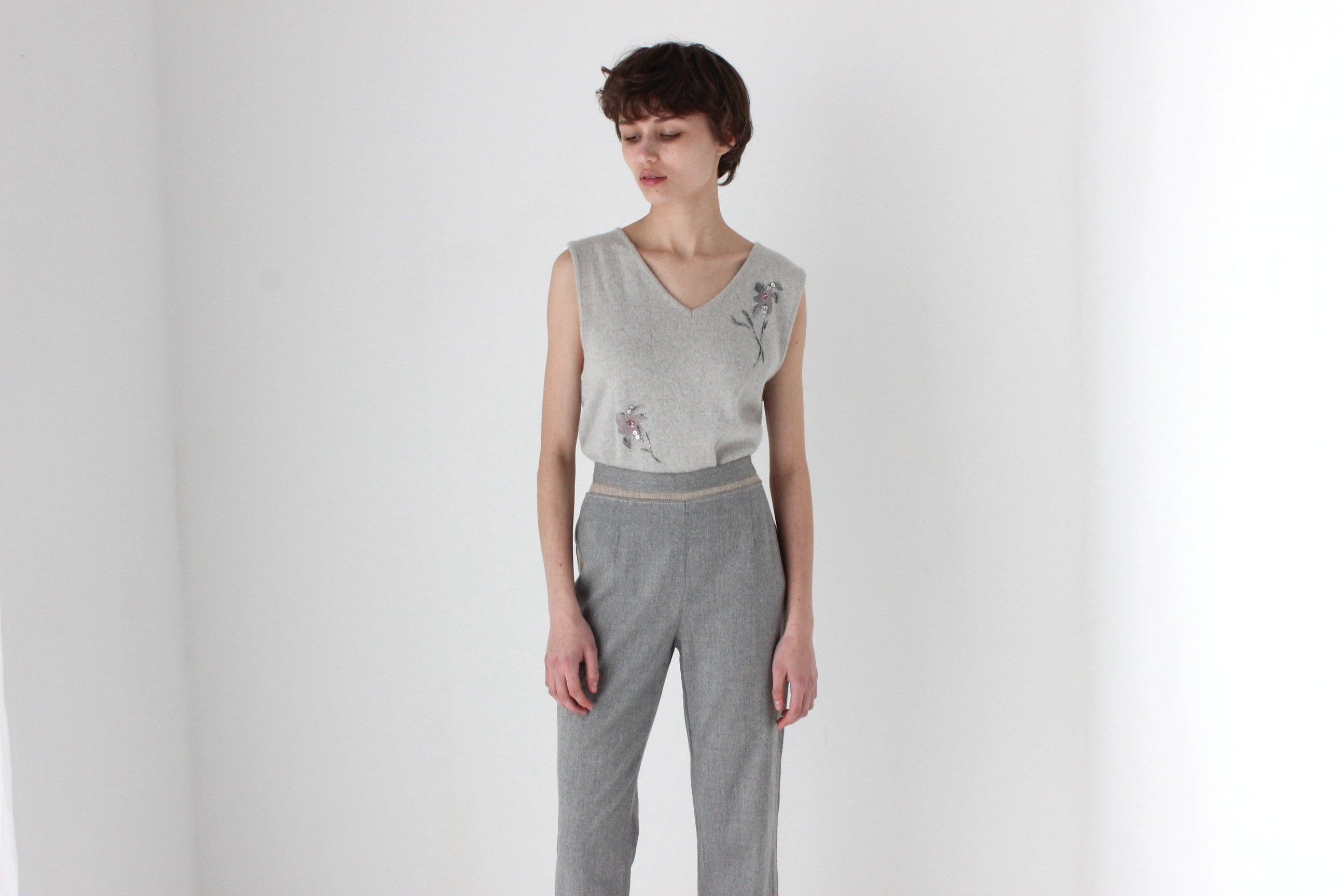80s Italian Vintage Wool & Angora Sweater Vest w/ Hand Painted Flowers